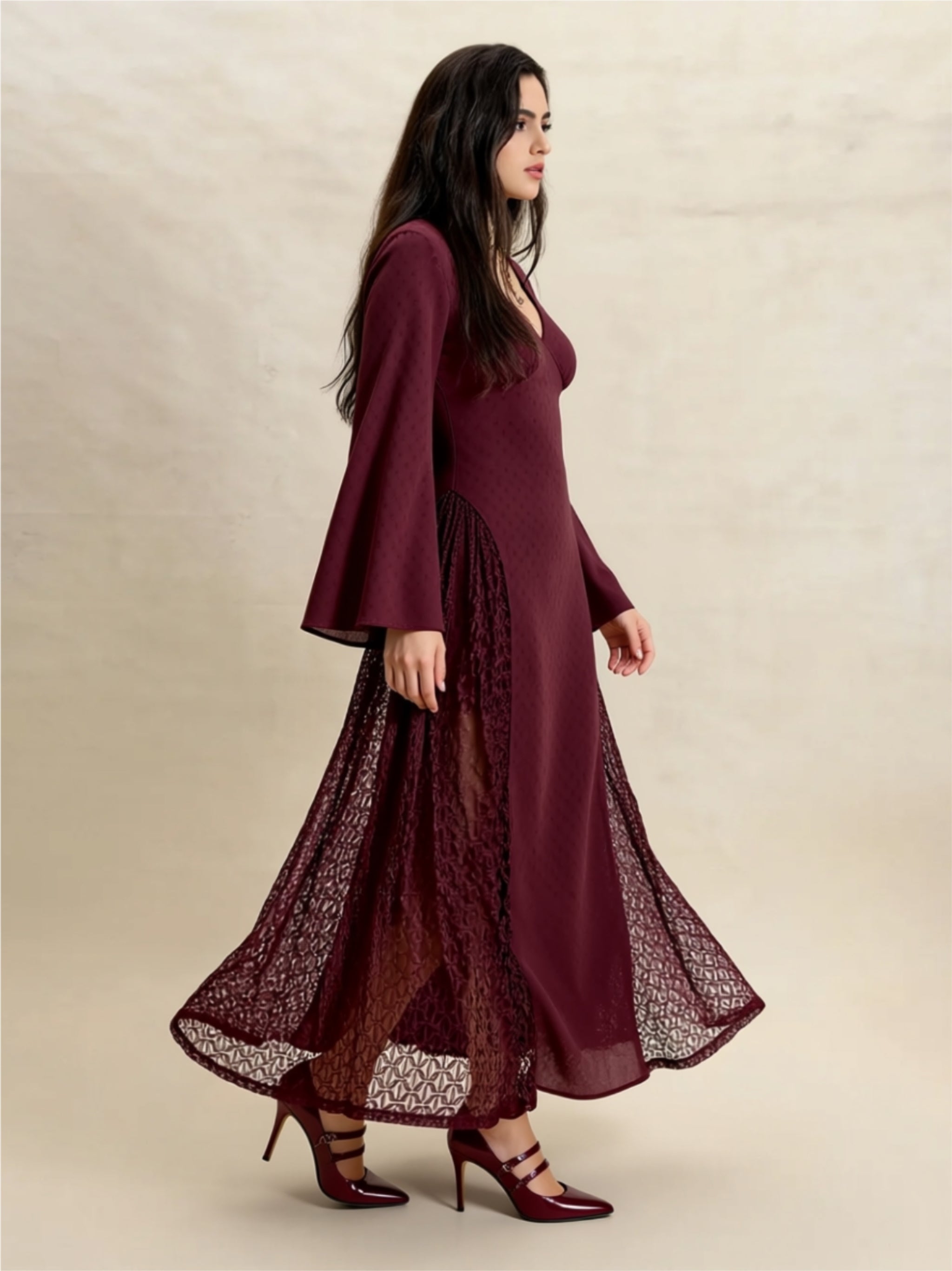 Long Sleeve Lace Panel Maxi Dress