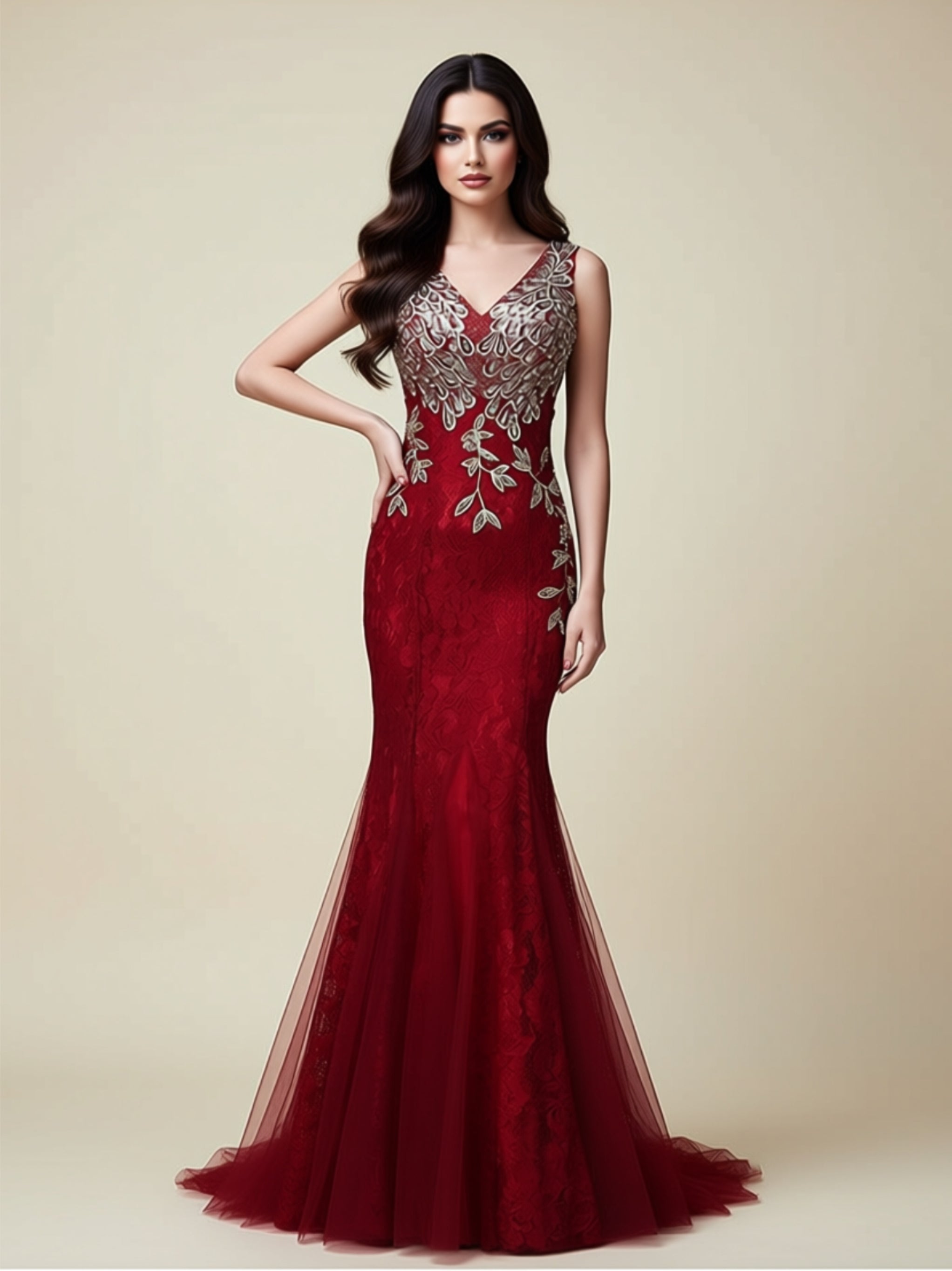 Embroidered Mermaid Evening Gown
