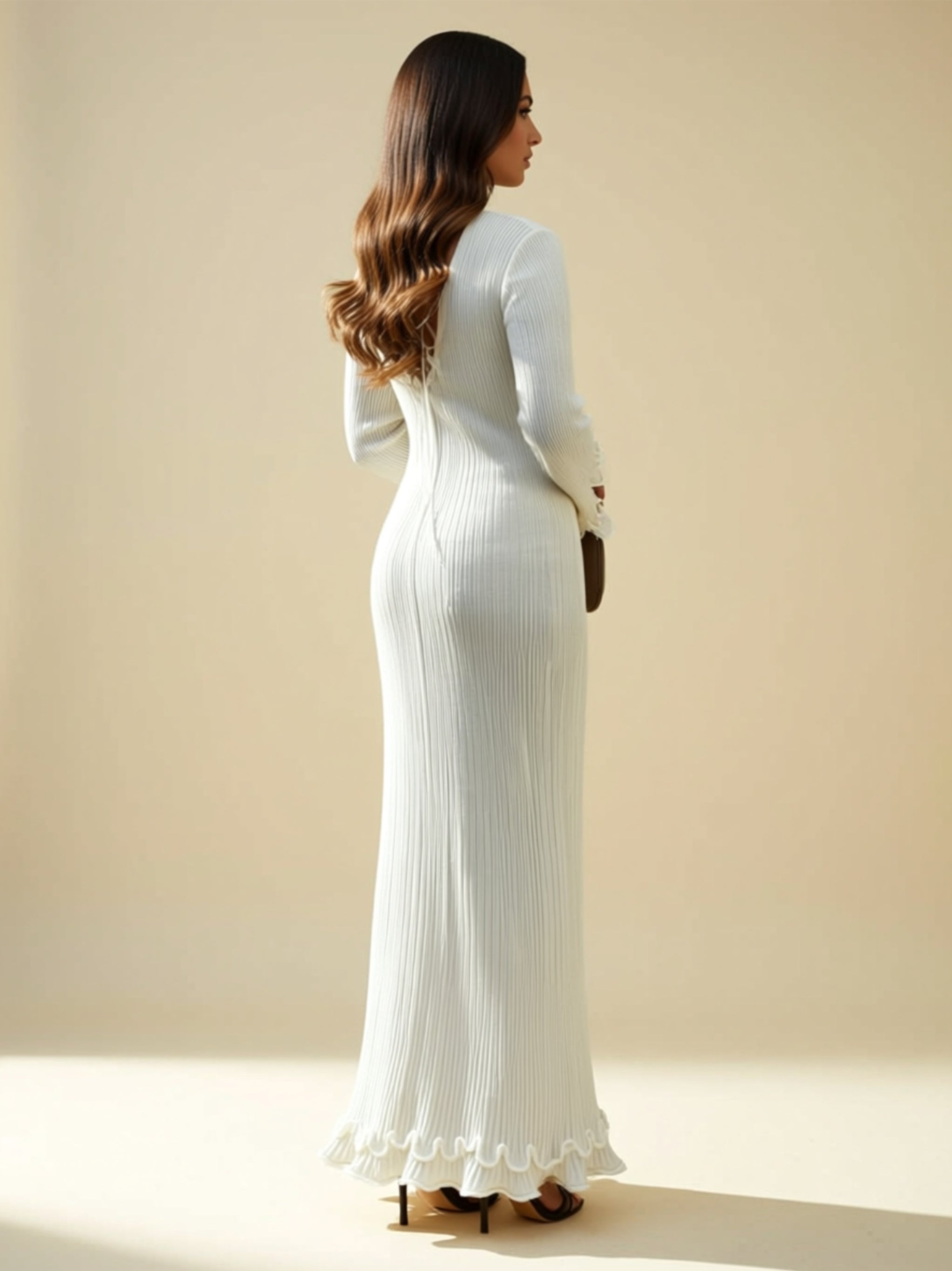 Elegant Long-Sleeve Pleated Maxi Dress with Ruffle Hem & Open Back