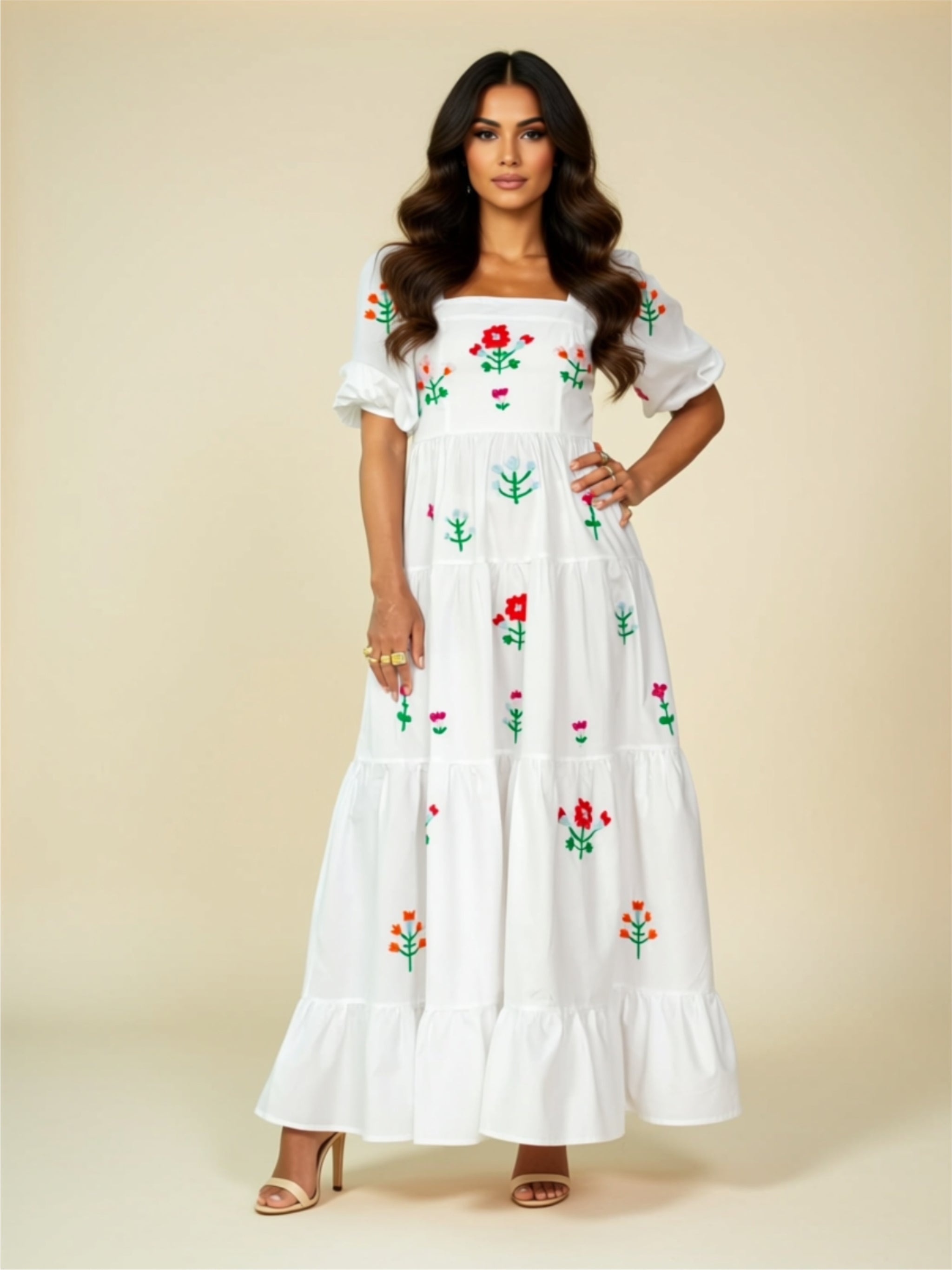 Embroidered Tiered Maxi Dress with Puff Sleeves & Ruffled Hem