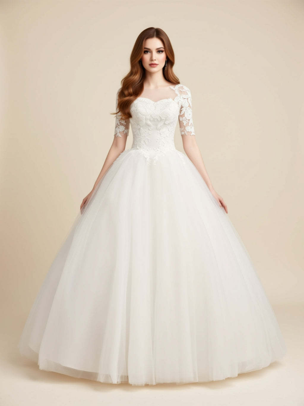 Organza Lace Ball Gown Wedding Dress with Sweetheart Bodice & Half Sheer Sleeves