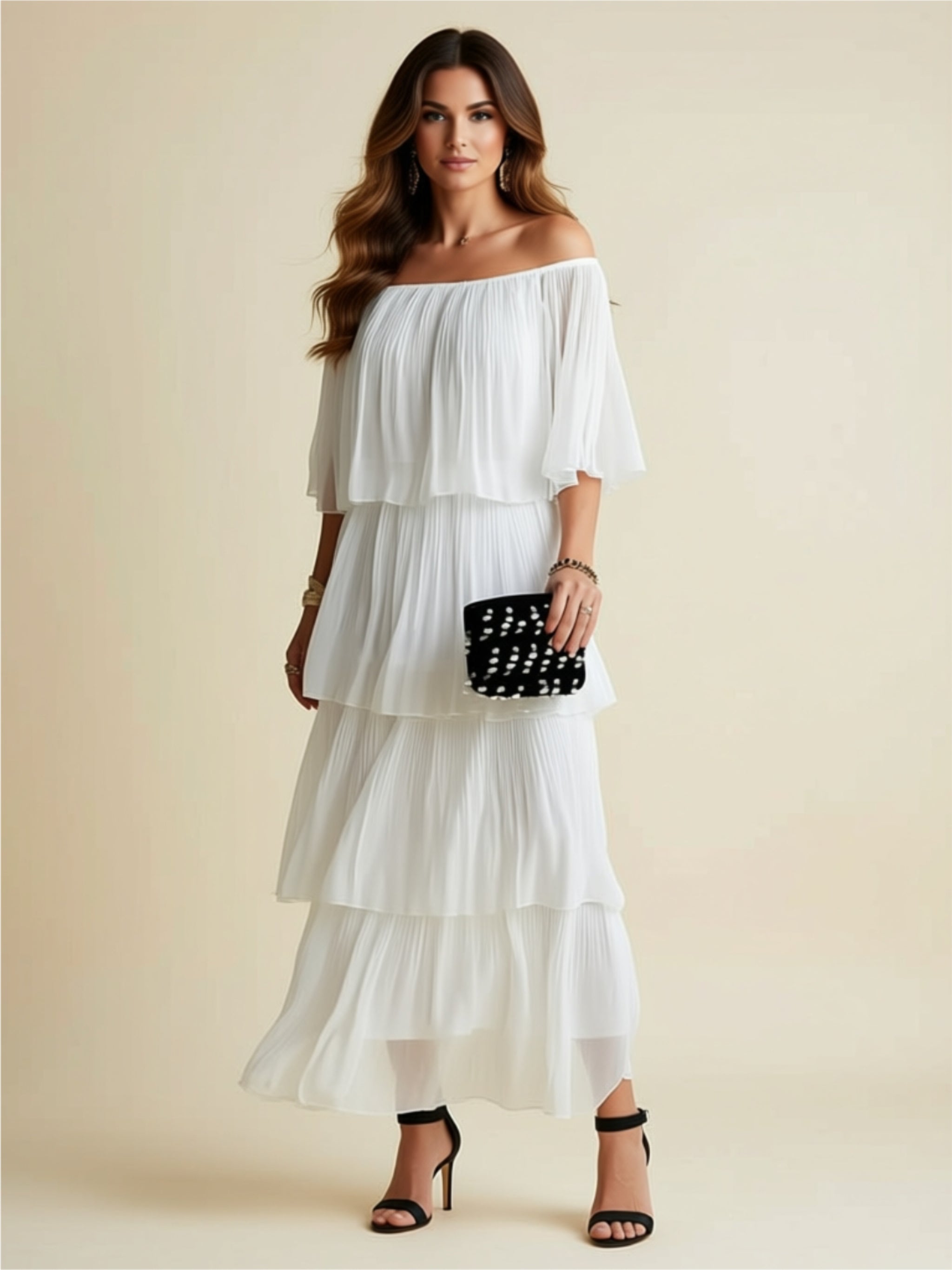 Elegant Pleated Chiffon Off‑Shoulder Tiered Maxi Dress
