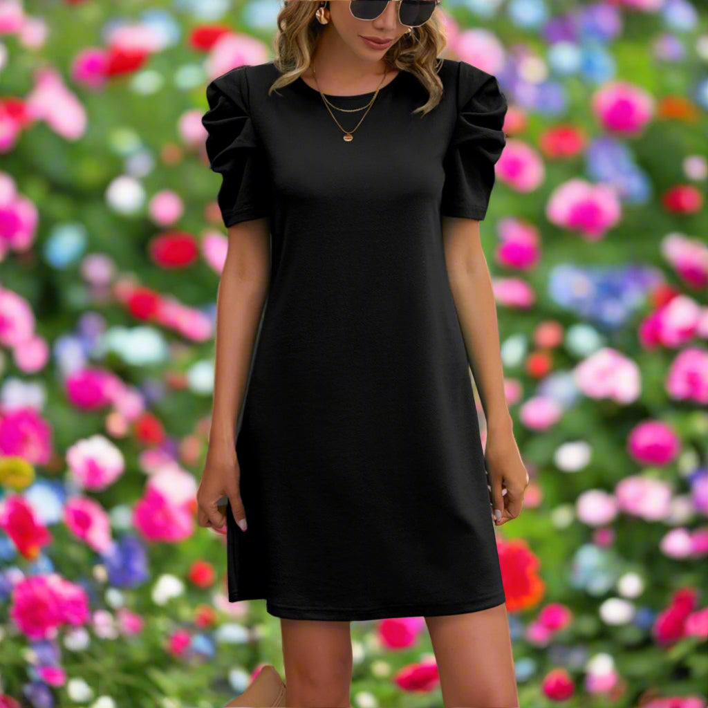 Round Neck Puff Sleeve Mini Dress
