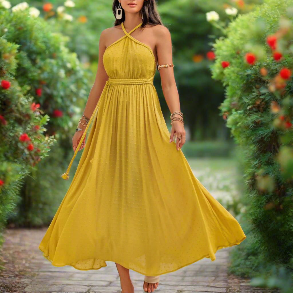 Mustard Swiss Dot Backless Maxi Dress