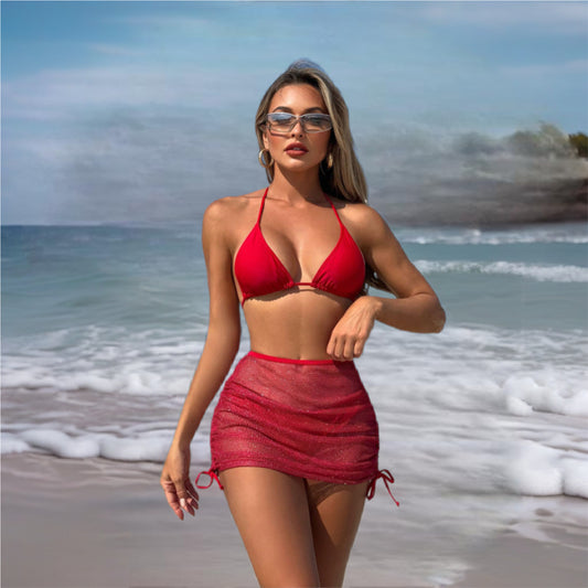Red Three Piece Bikini & Cover Up Set
