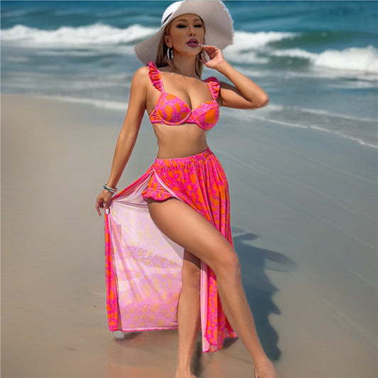 Red Floral and Ruffled Bikini & Cover Up Set