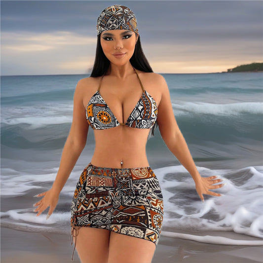 Brown Bikini & Cover Up Set with Headwrap