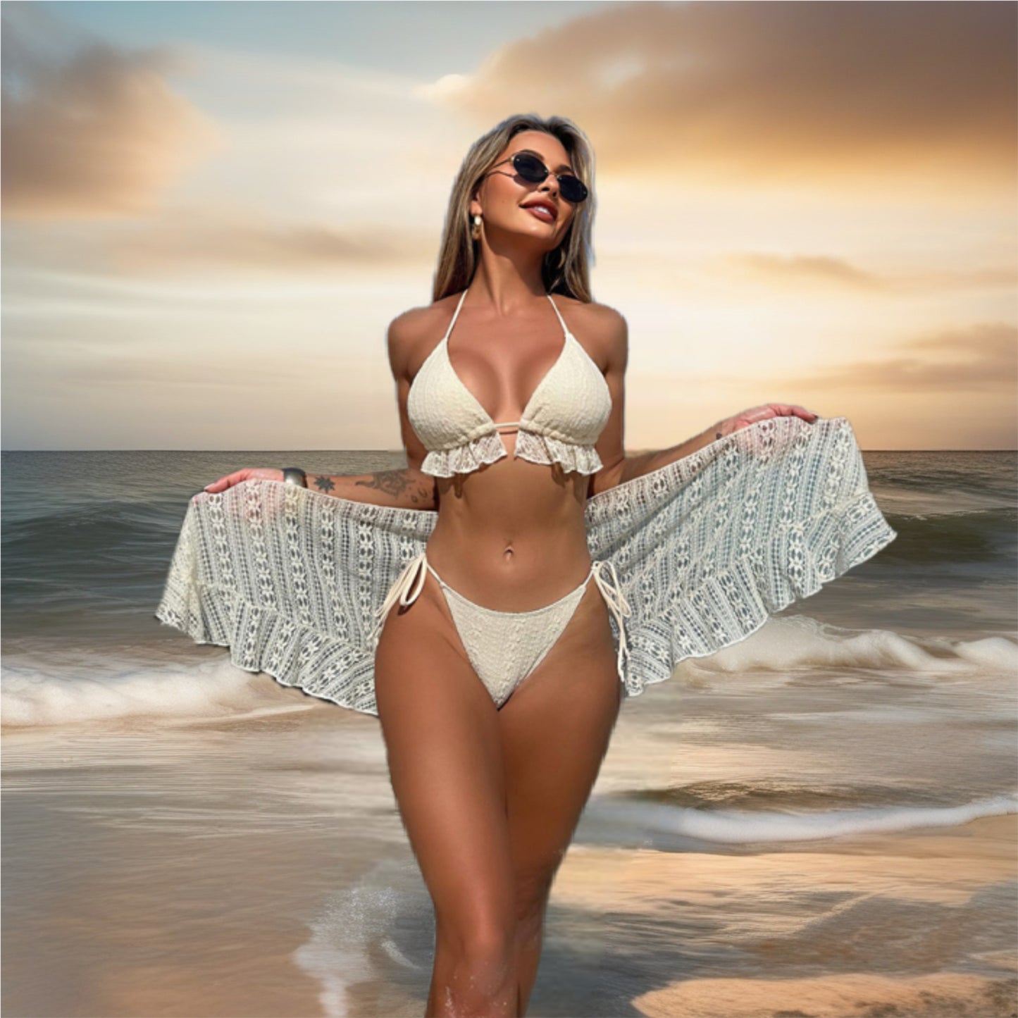 Ruffled Lace Bikini & Cover Up Set