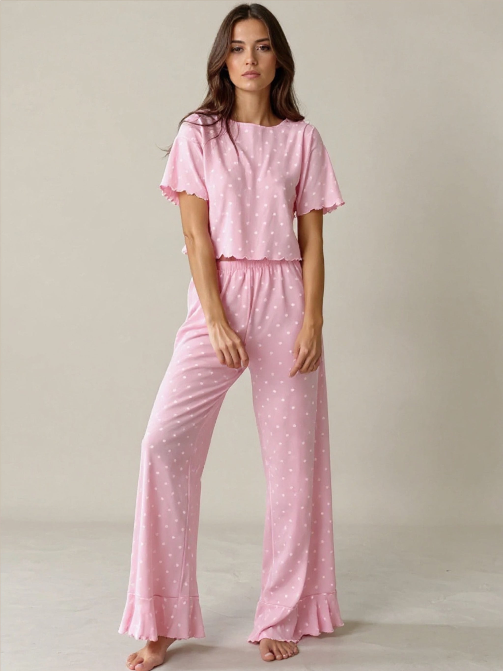 Polka Dot Round Neck Top & Pants Pajama Pant Set