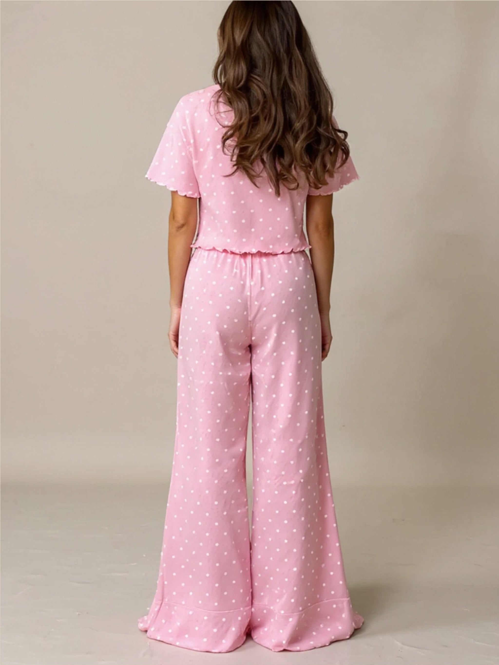 Polka Dot Round Neck Top & Pants Pajama Pant Set