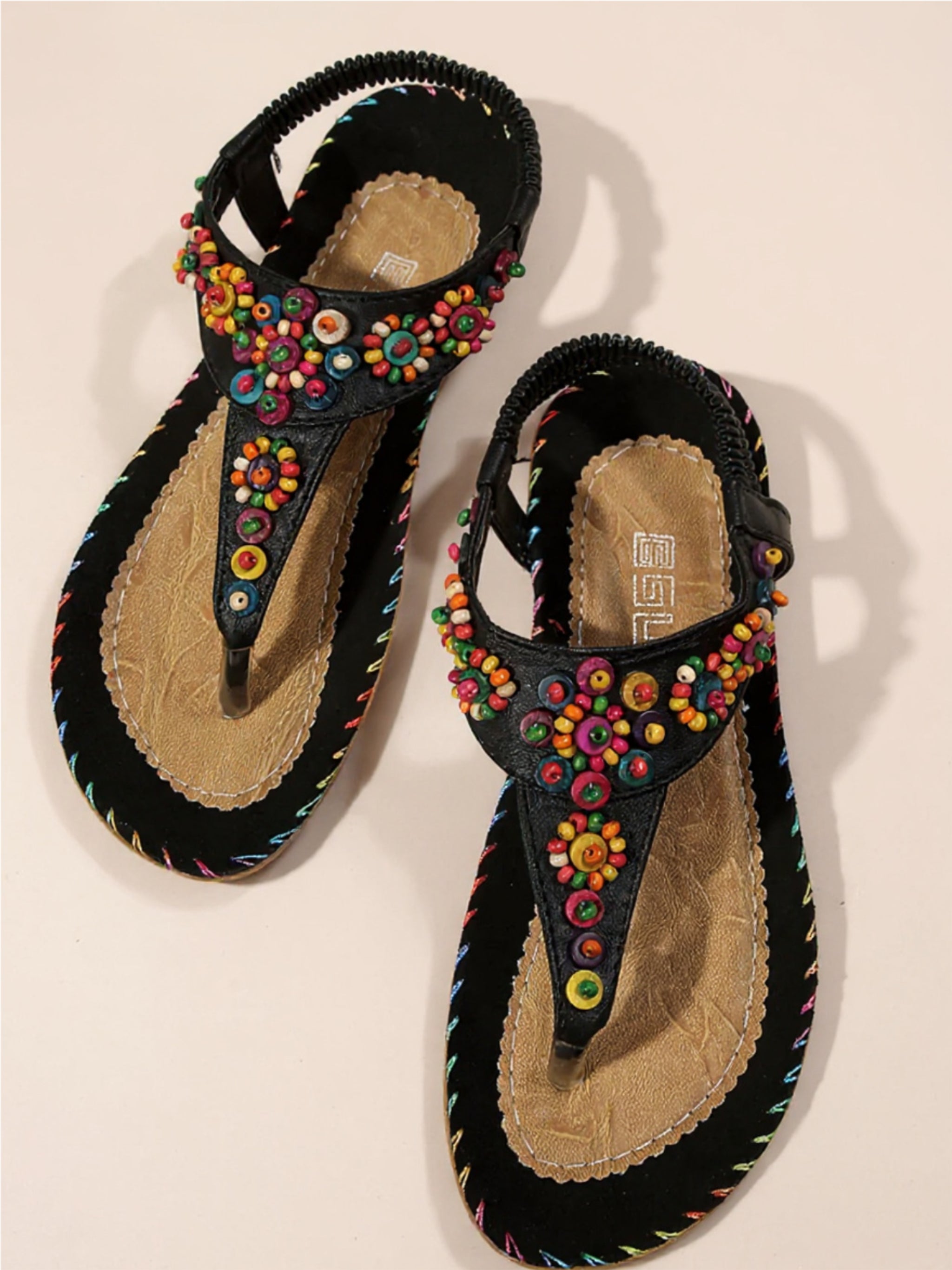 Colorful Beaded T-Strap Flat Sandals