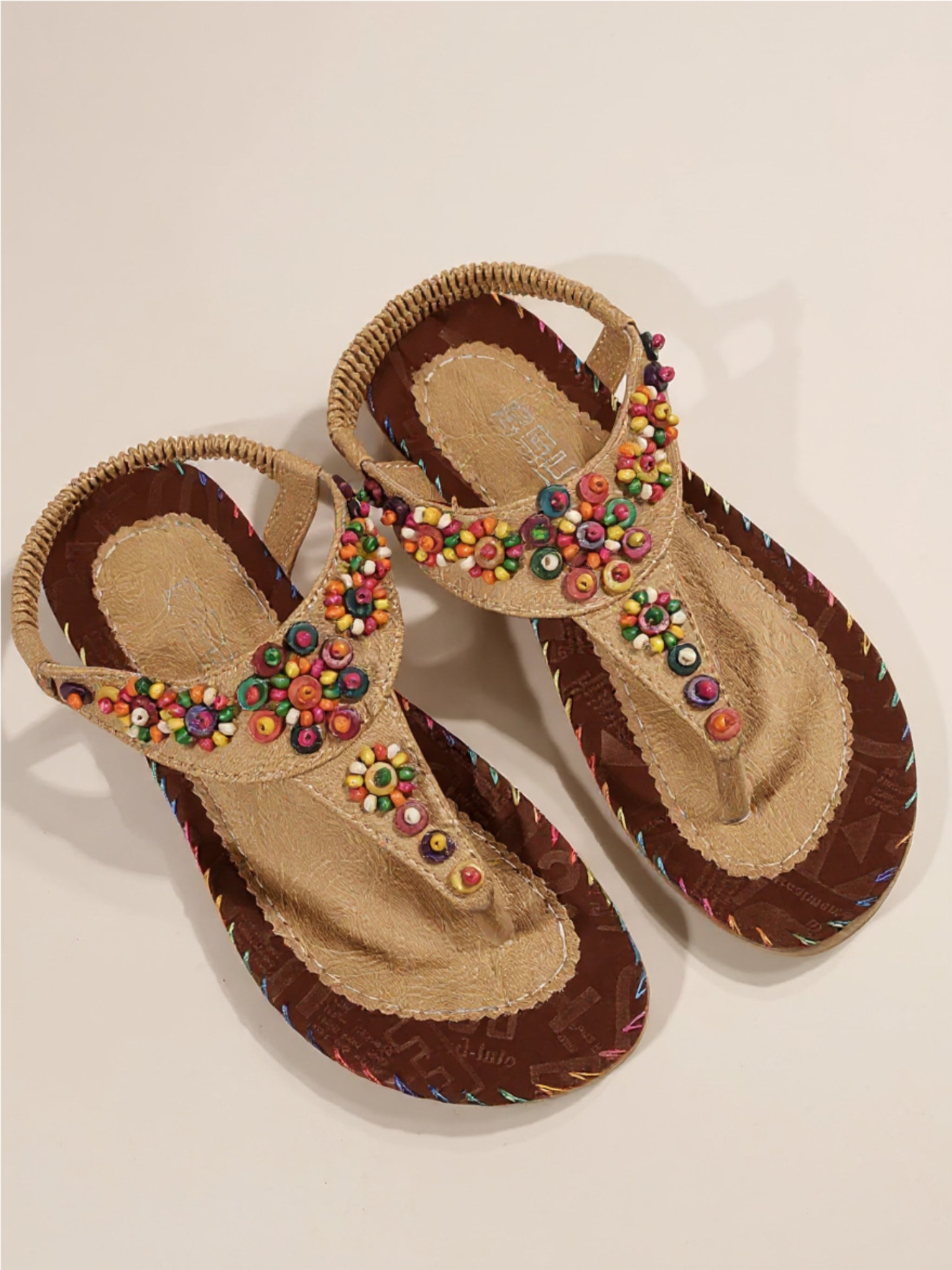 Colorful Beaded T-Strap Flat Sandals