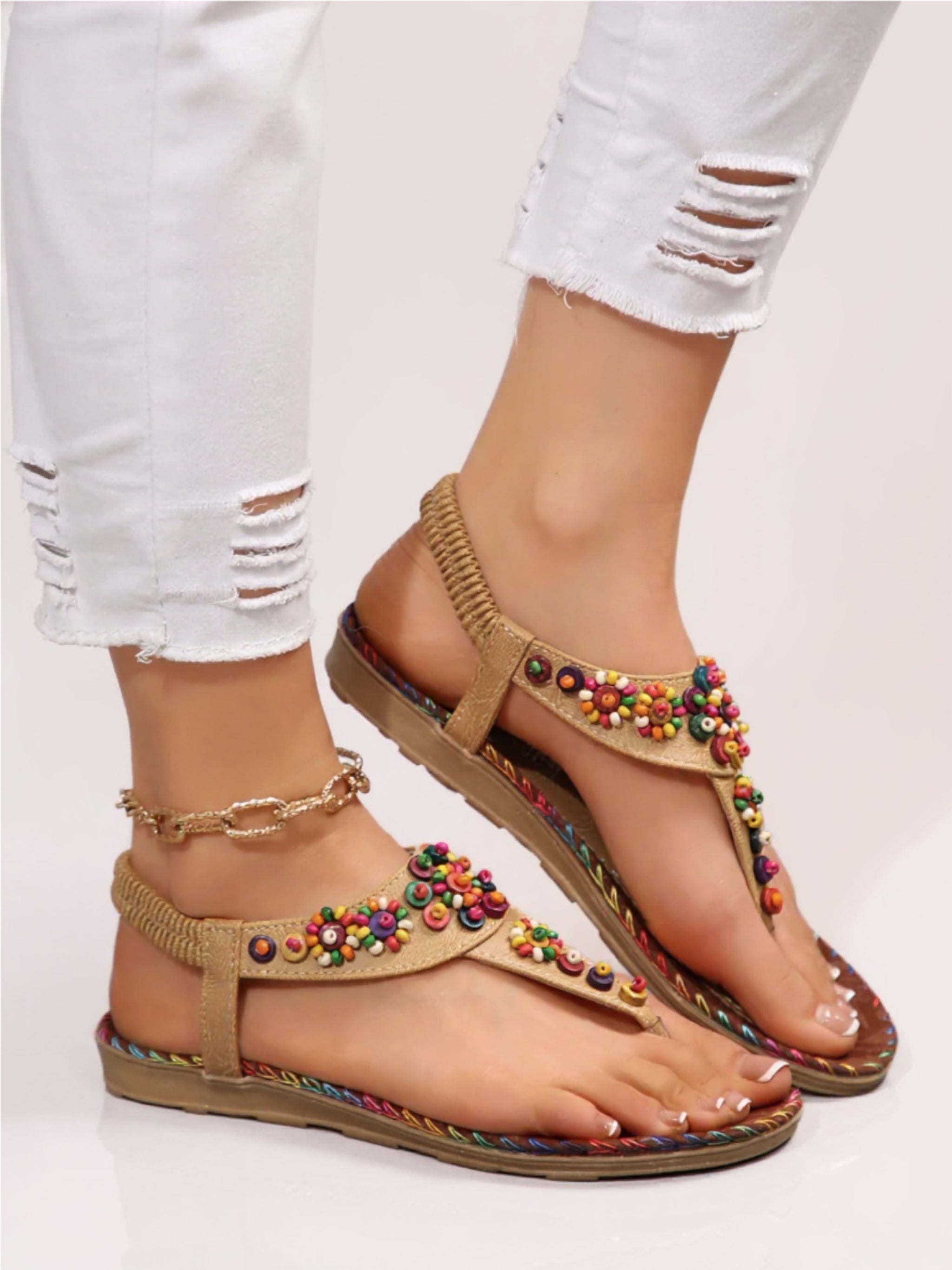 Colorful Beaded T-Strap Flat Sandals