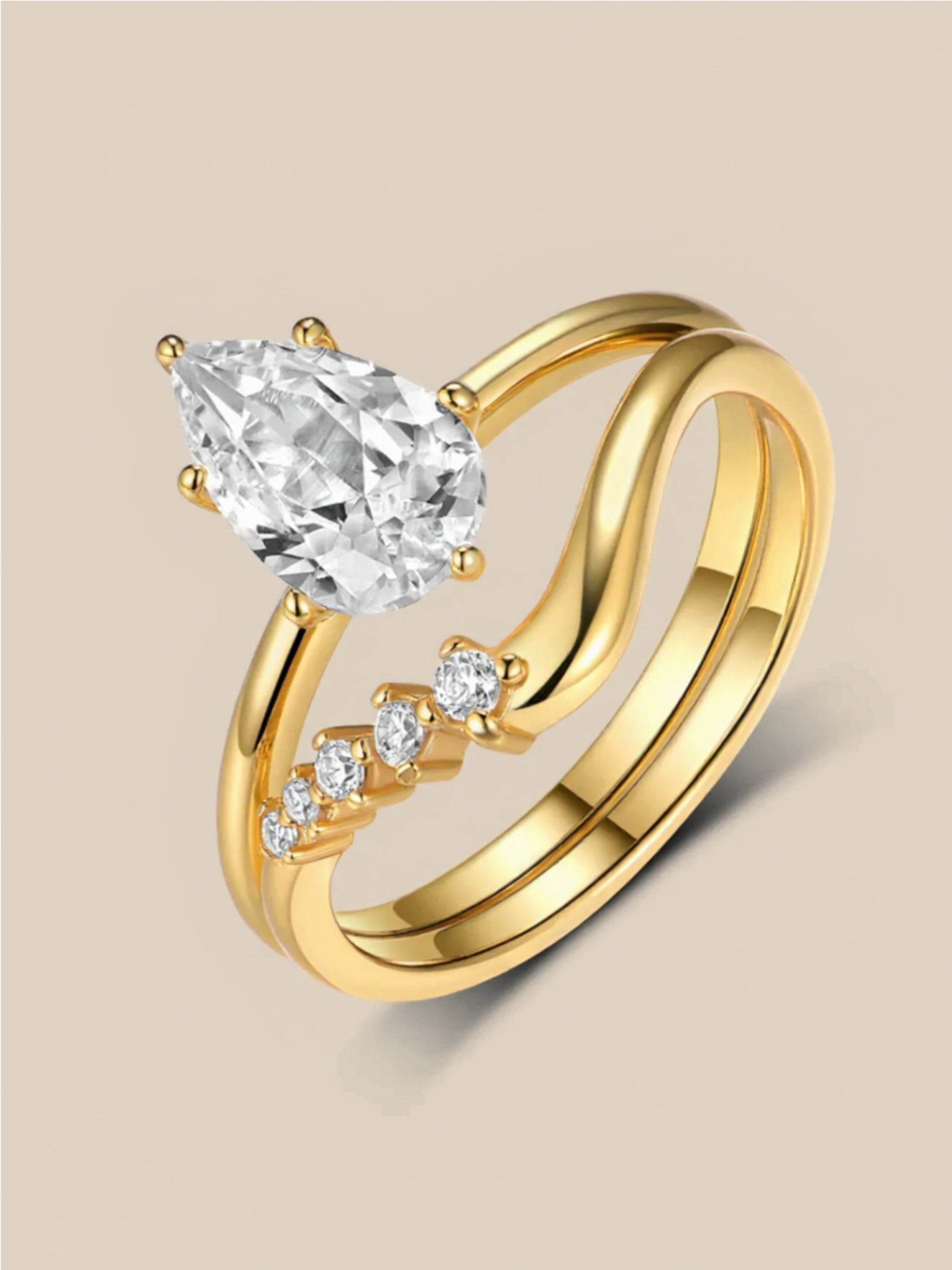 Gold Vermeil 1.5 Carat Moissanite Teardrop Ring 2pcs Set