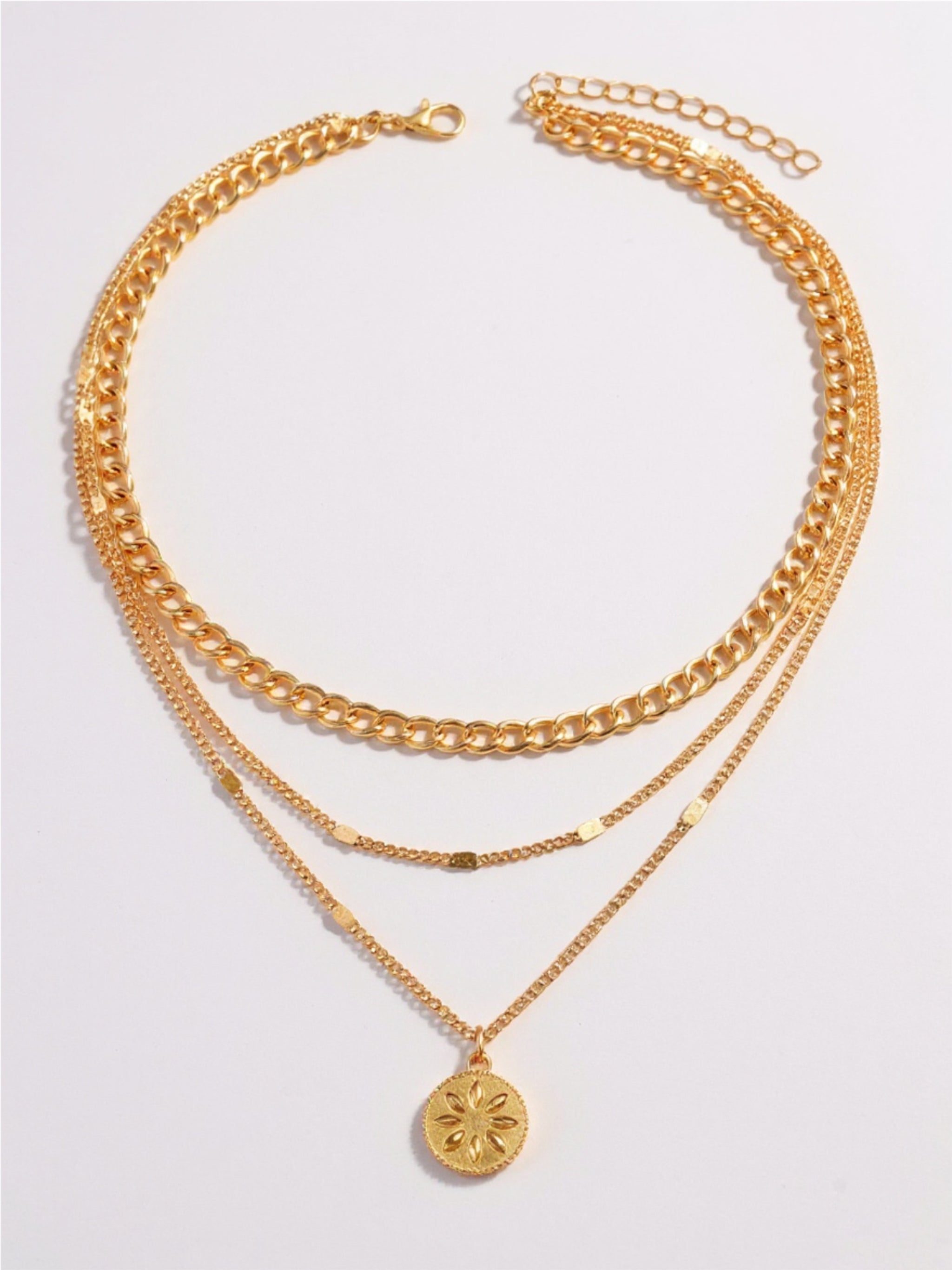 18K Gold Layered Necklace with Sun Medallion Pendant