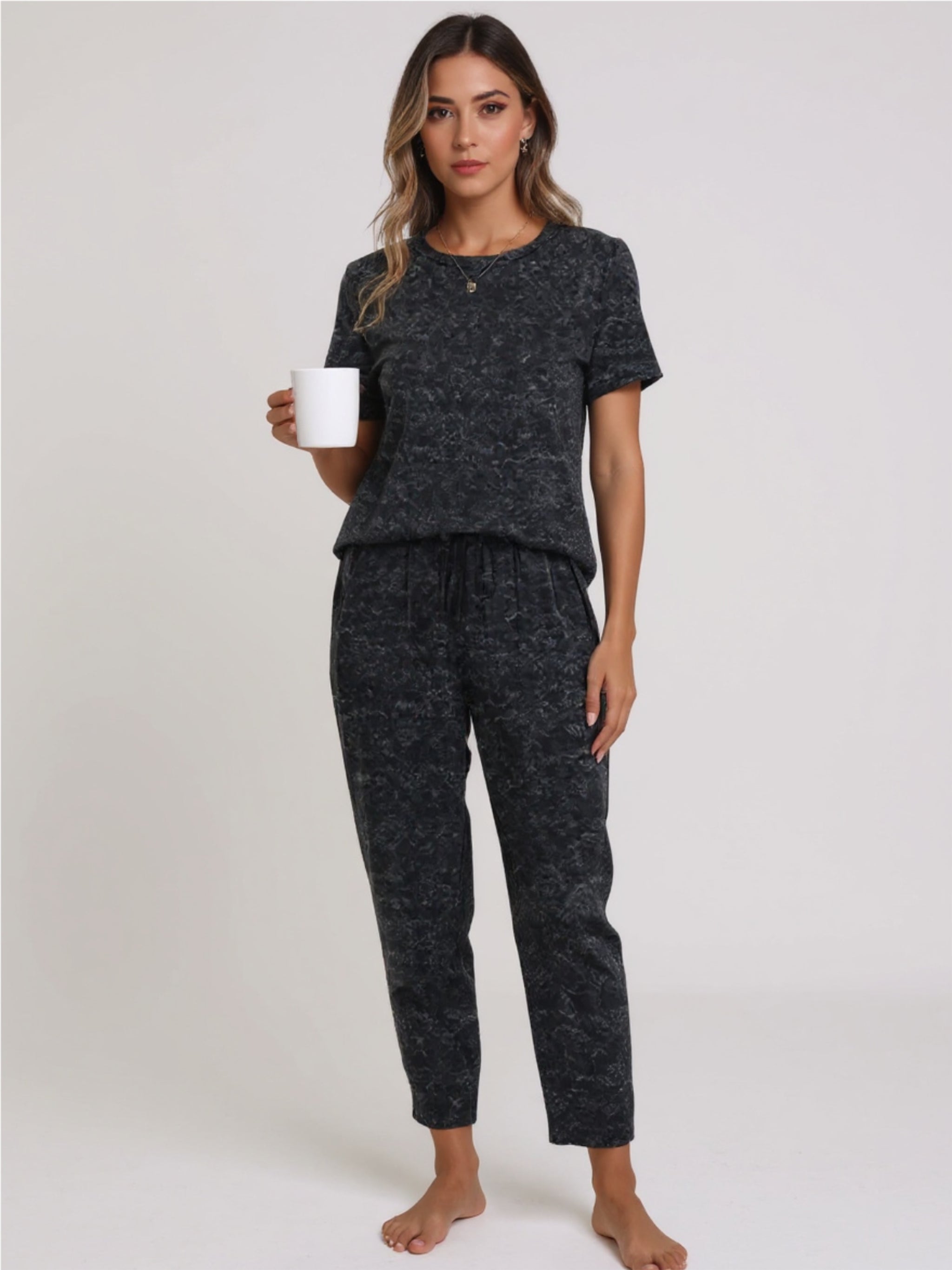 Round Neck Short Sleeve Top & Pants Lounge Set