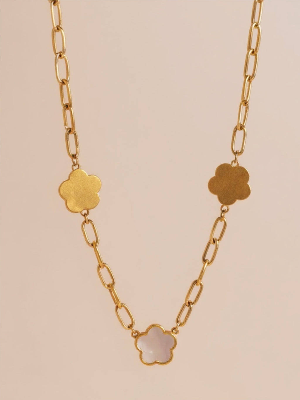 Gold Stainless Steel White Mother-Of-Pearl Flower Necklace