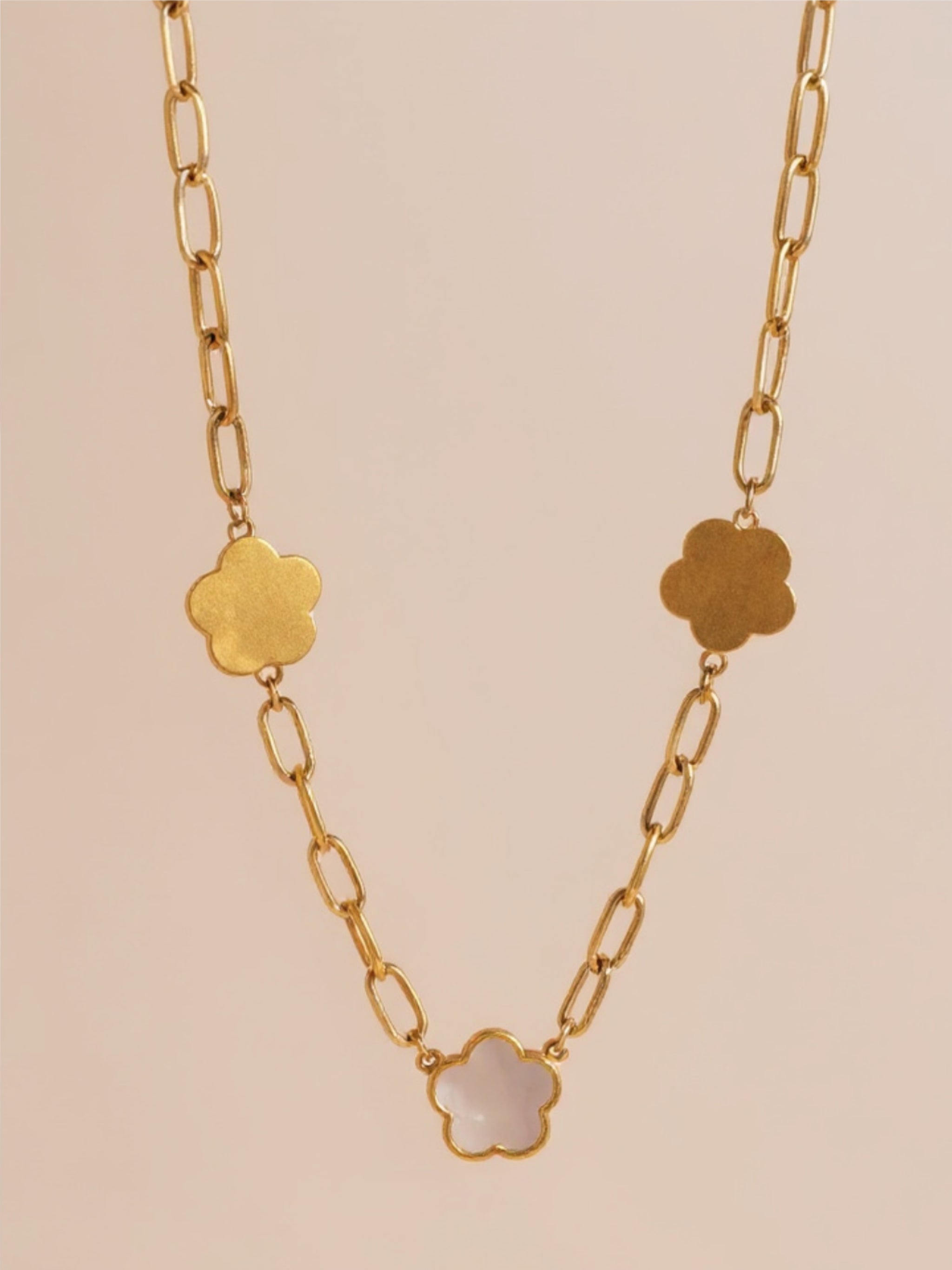 Gold Stainless Steel White Mother-Of-Pearl Flower Necklace