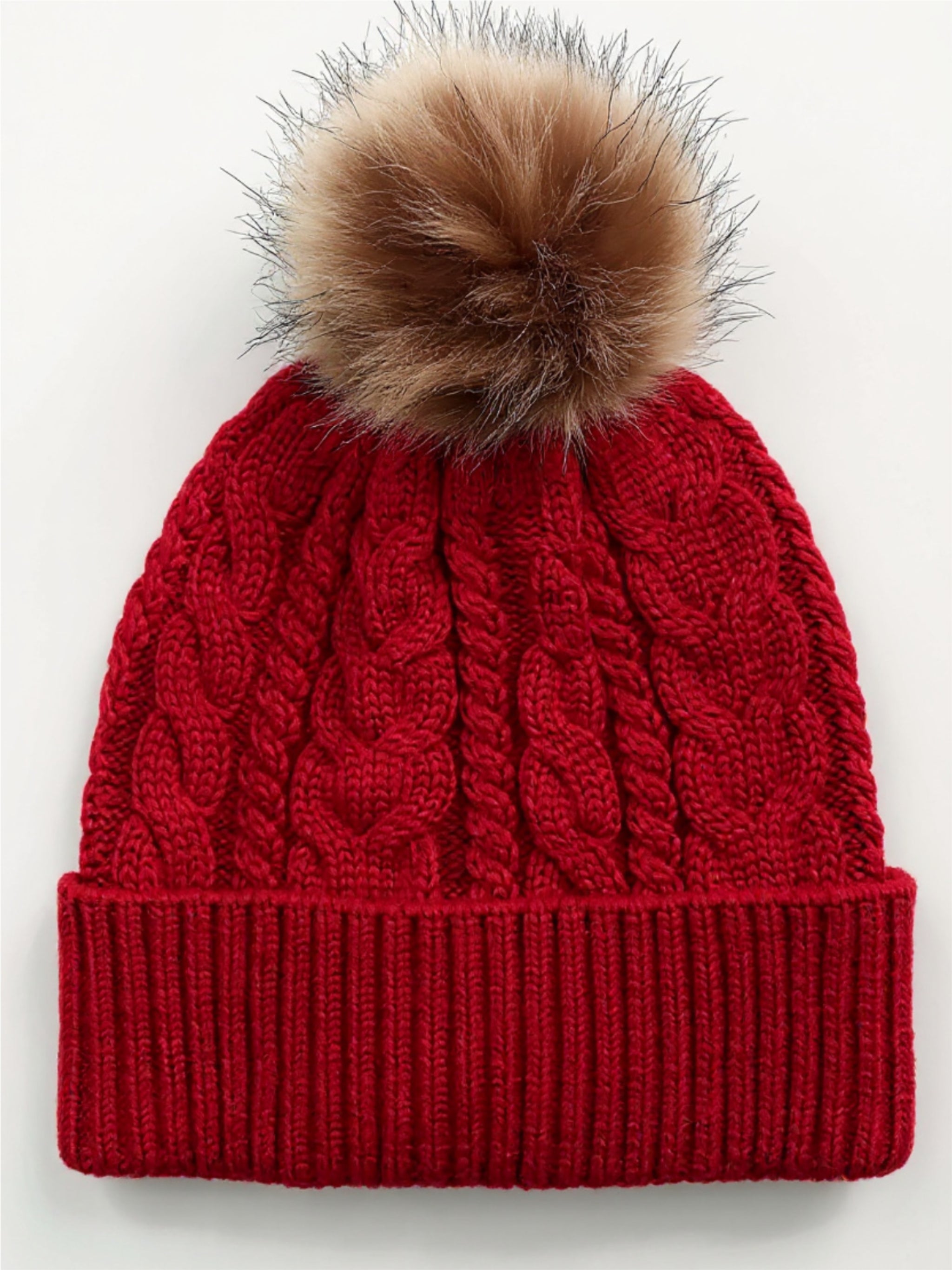 Cable-Knit Cuffed Beanie with Pom-pom