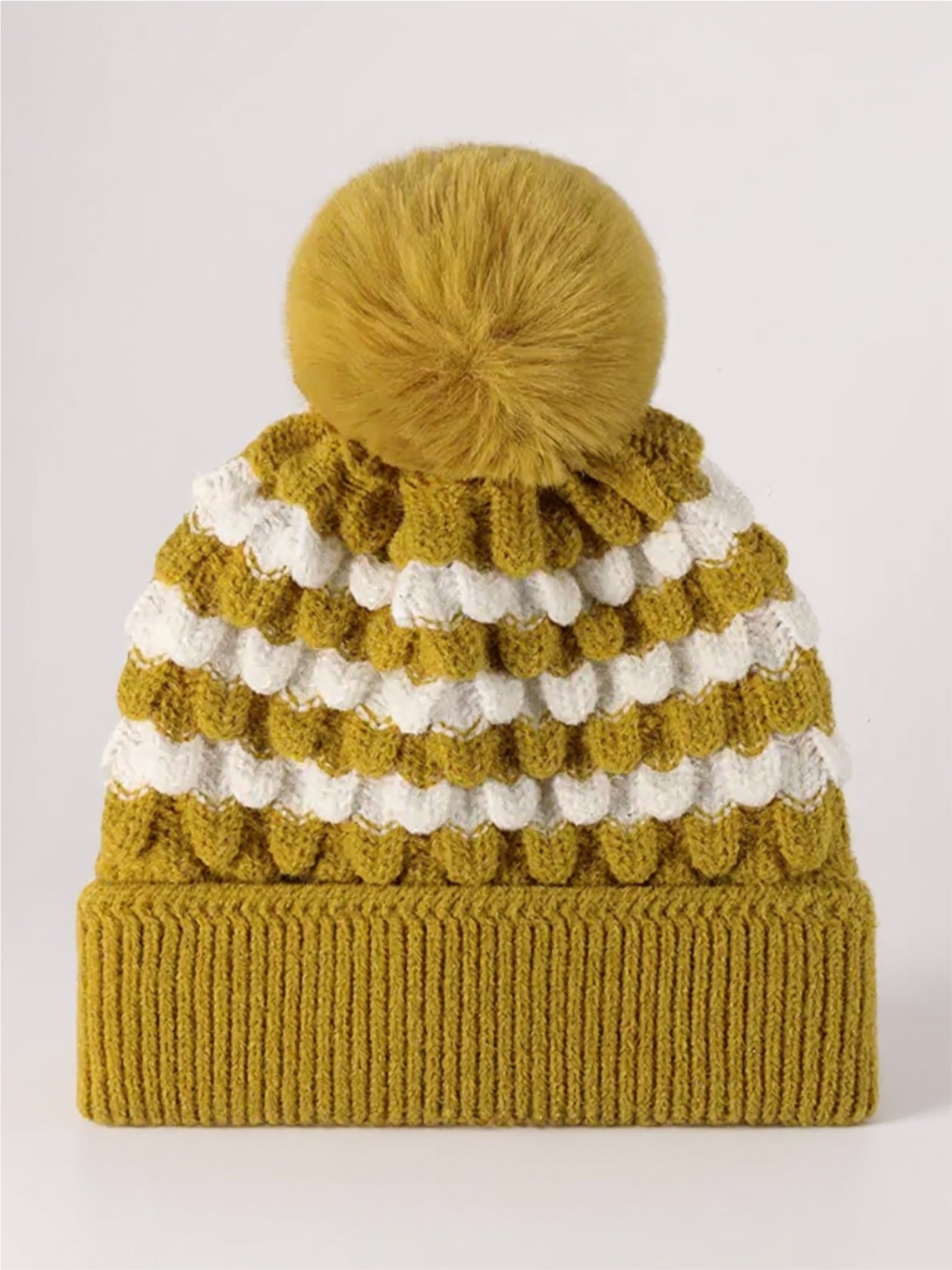 Striped Contrast Knit Beanie with Pom-pom
