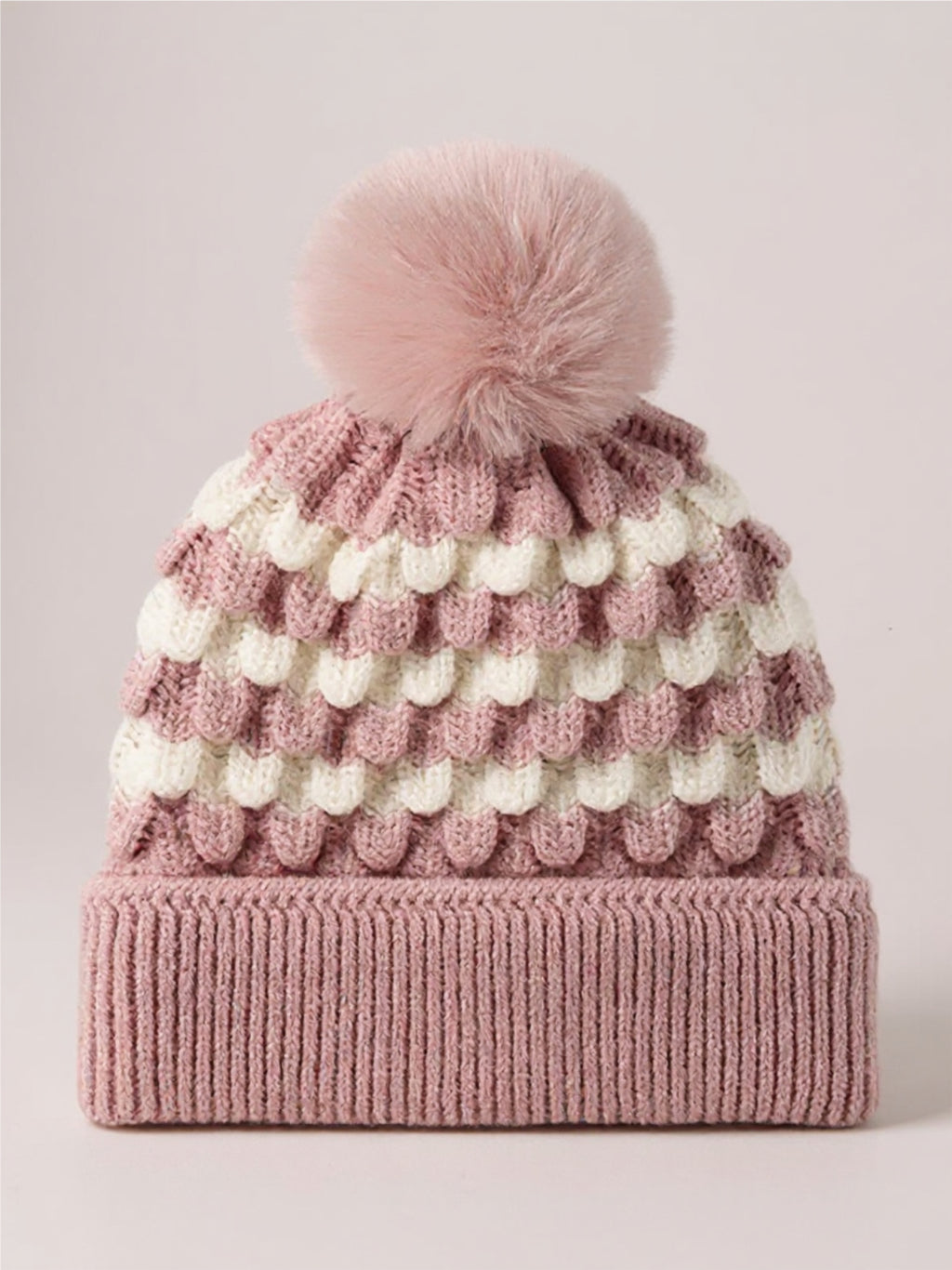 Striped Contrast Knit Beanie with Pom-pom