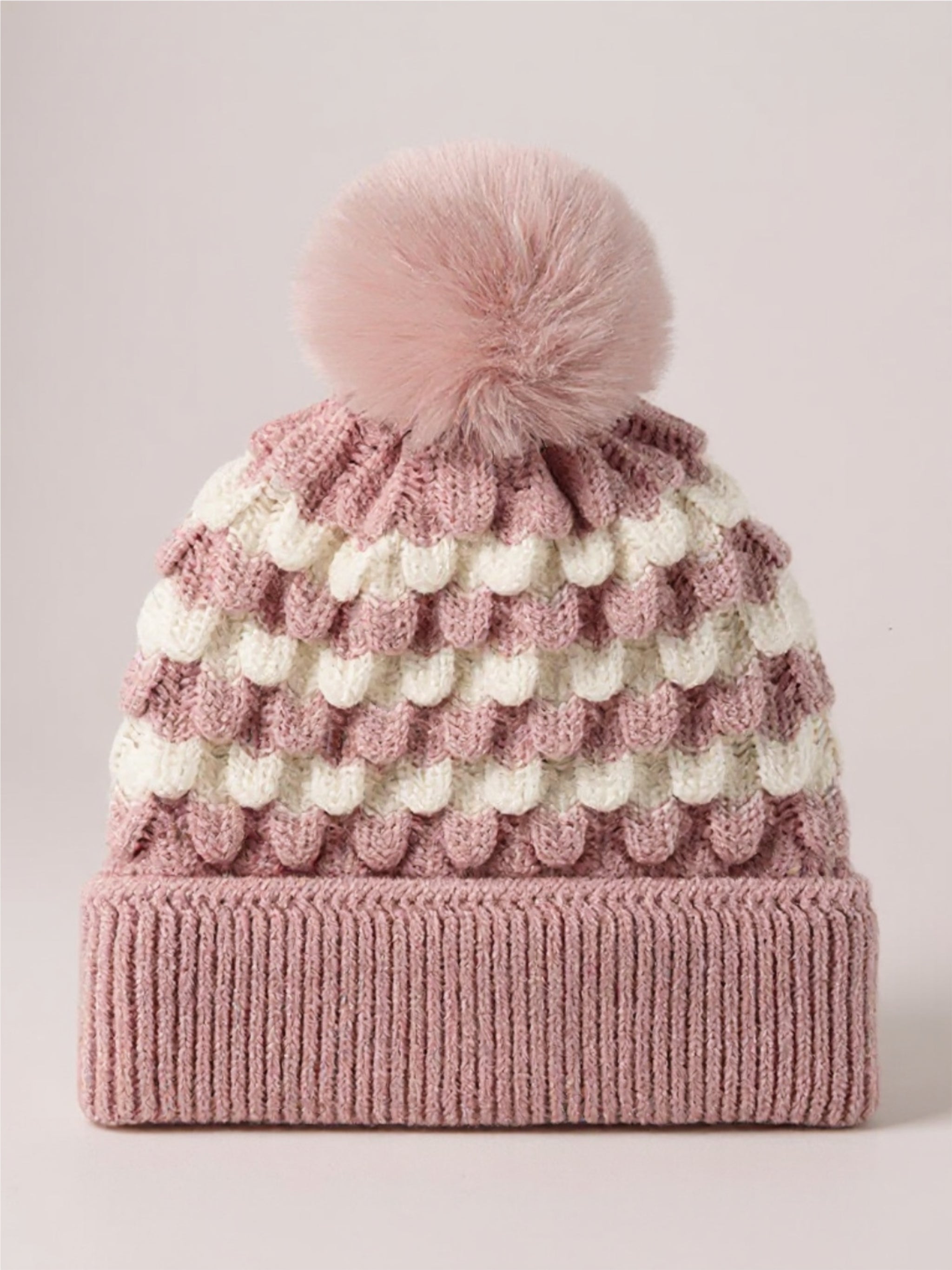 Striped Contrast Knit Beanie with Pom-pom