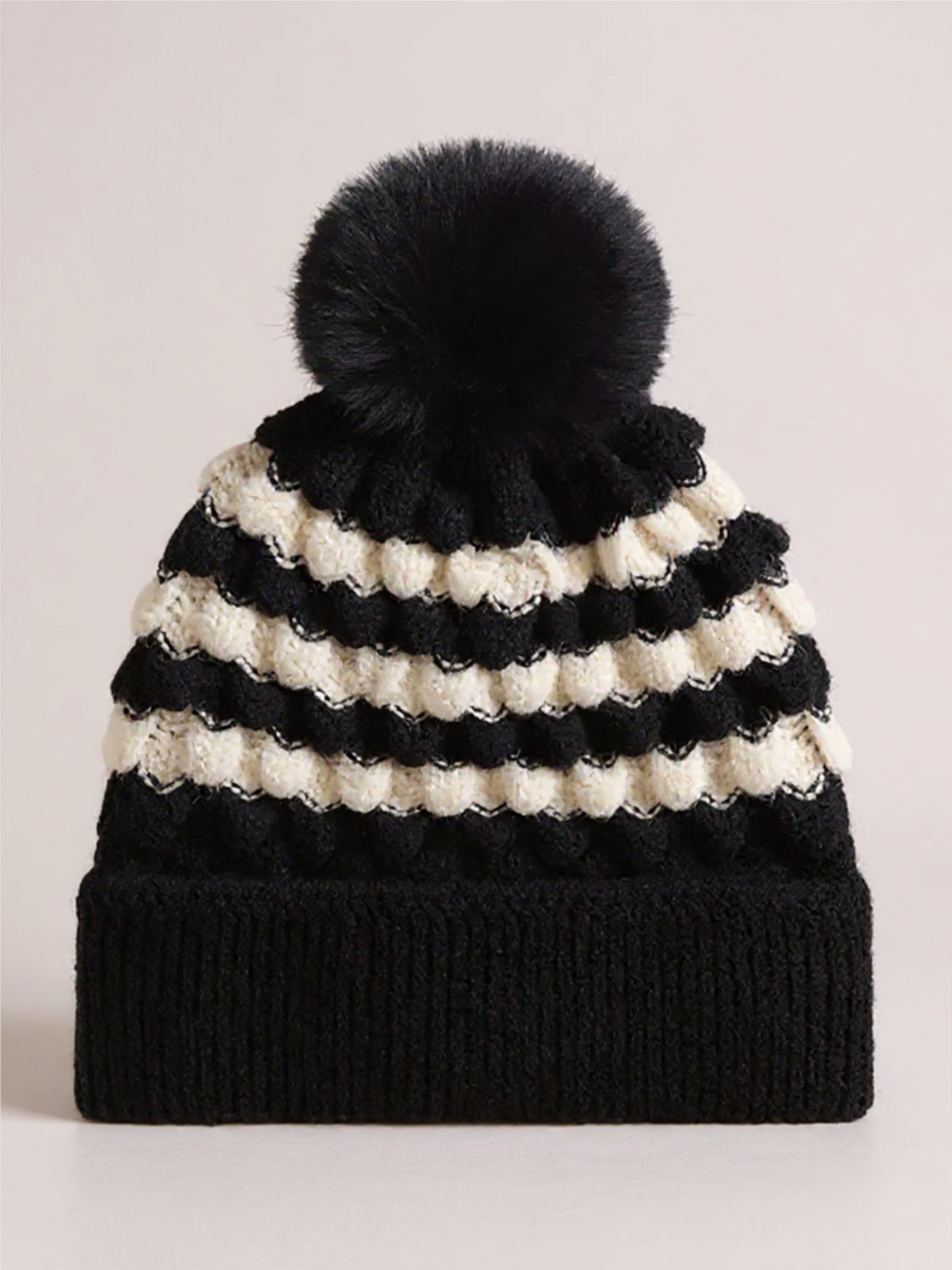 Striped Contrast Knit Beanie with Pom-pom