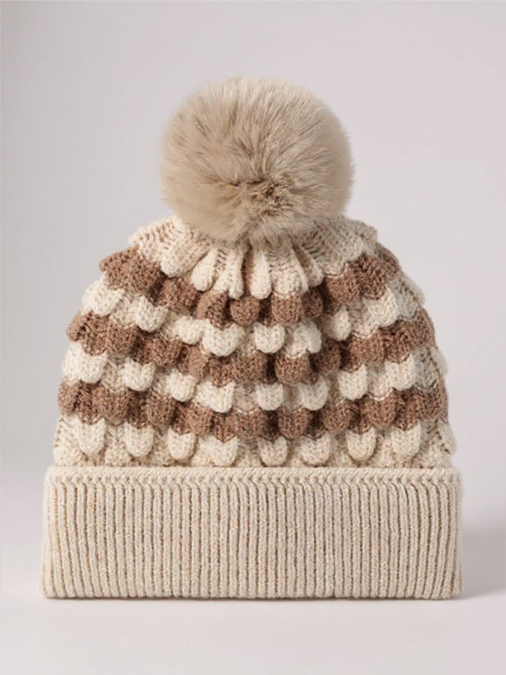 Striped Contrast Knit Beanie with Pom-pom