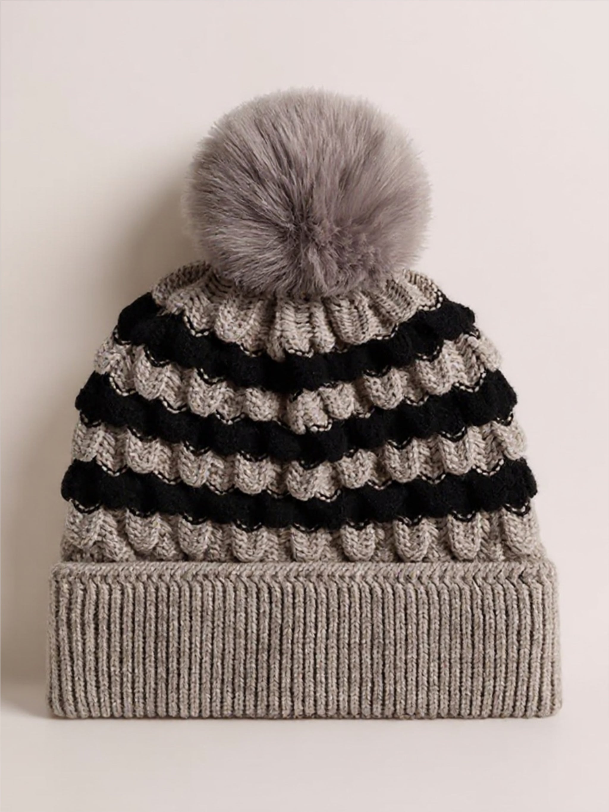 Striped Contrast Knit Beanie with Pom-pom