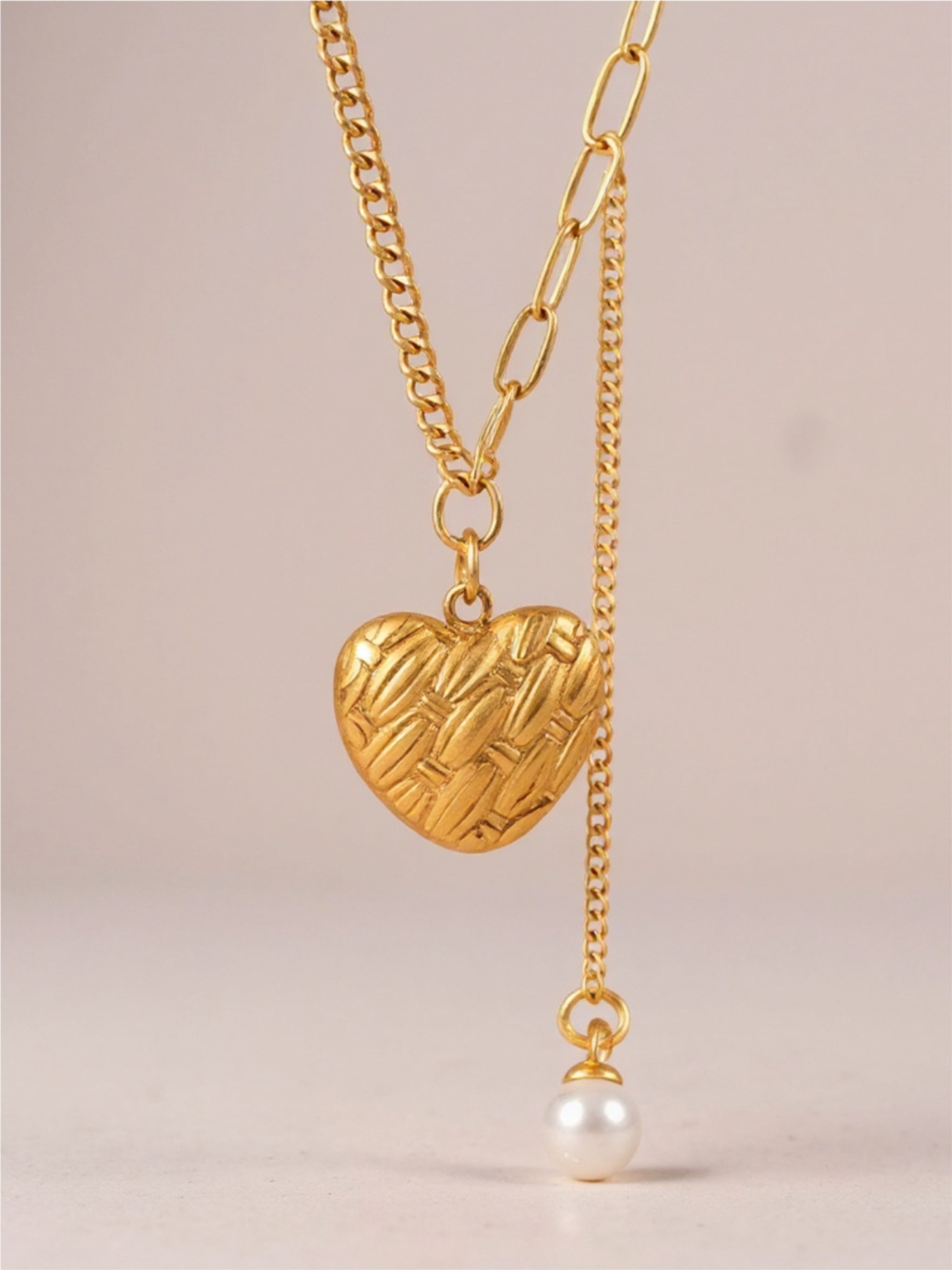 Gold Titanium Steel Imitation Pearl Heart Pendant Necklace