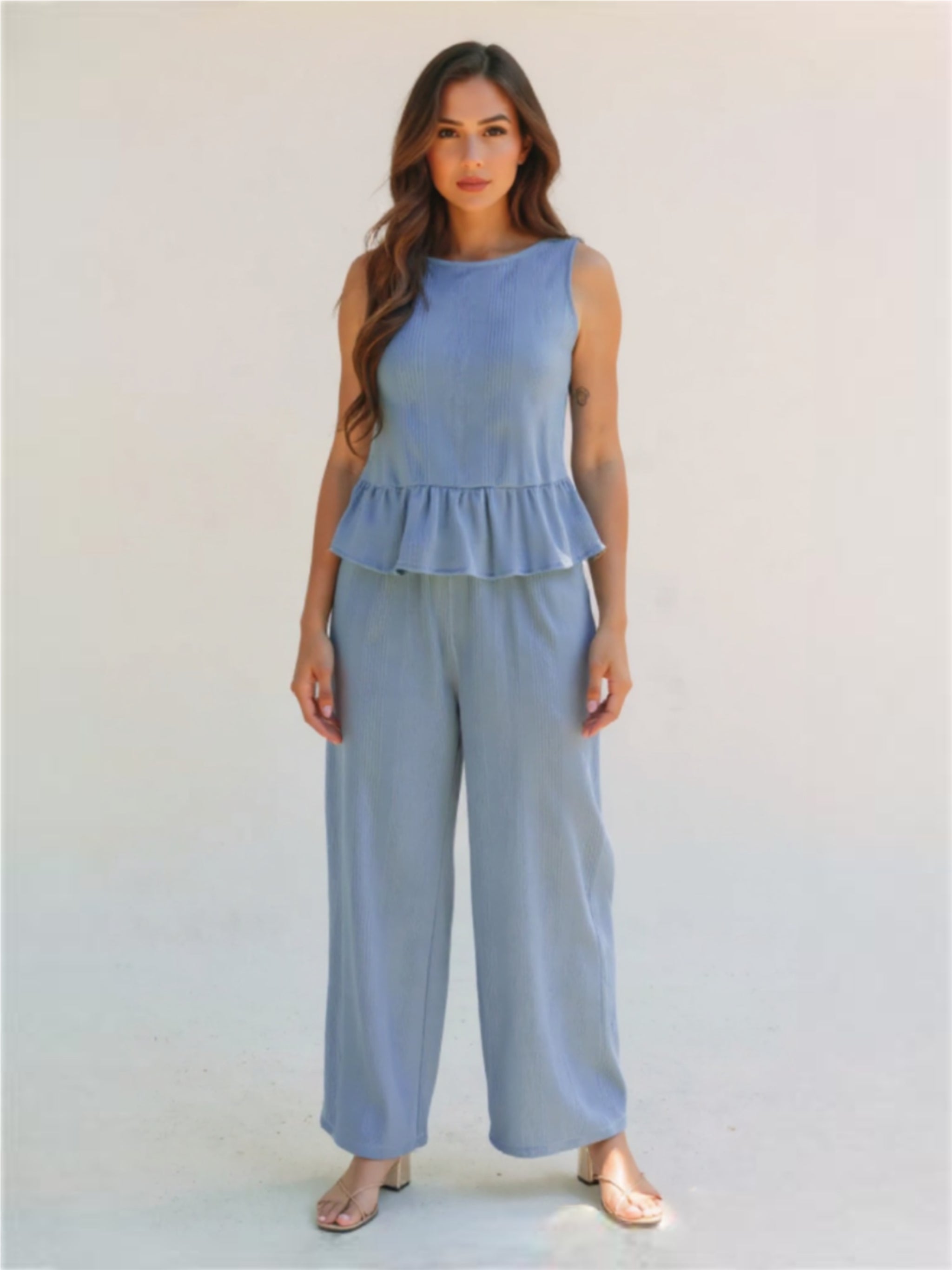 Color Ribbed Ruffle Tank Top & Pants Set