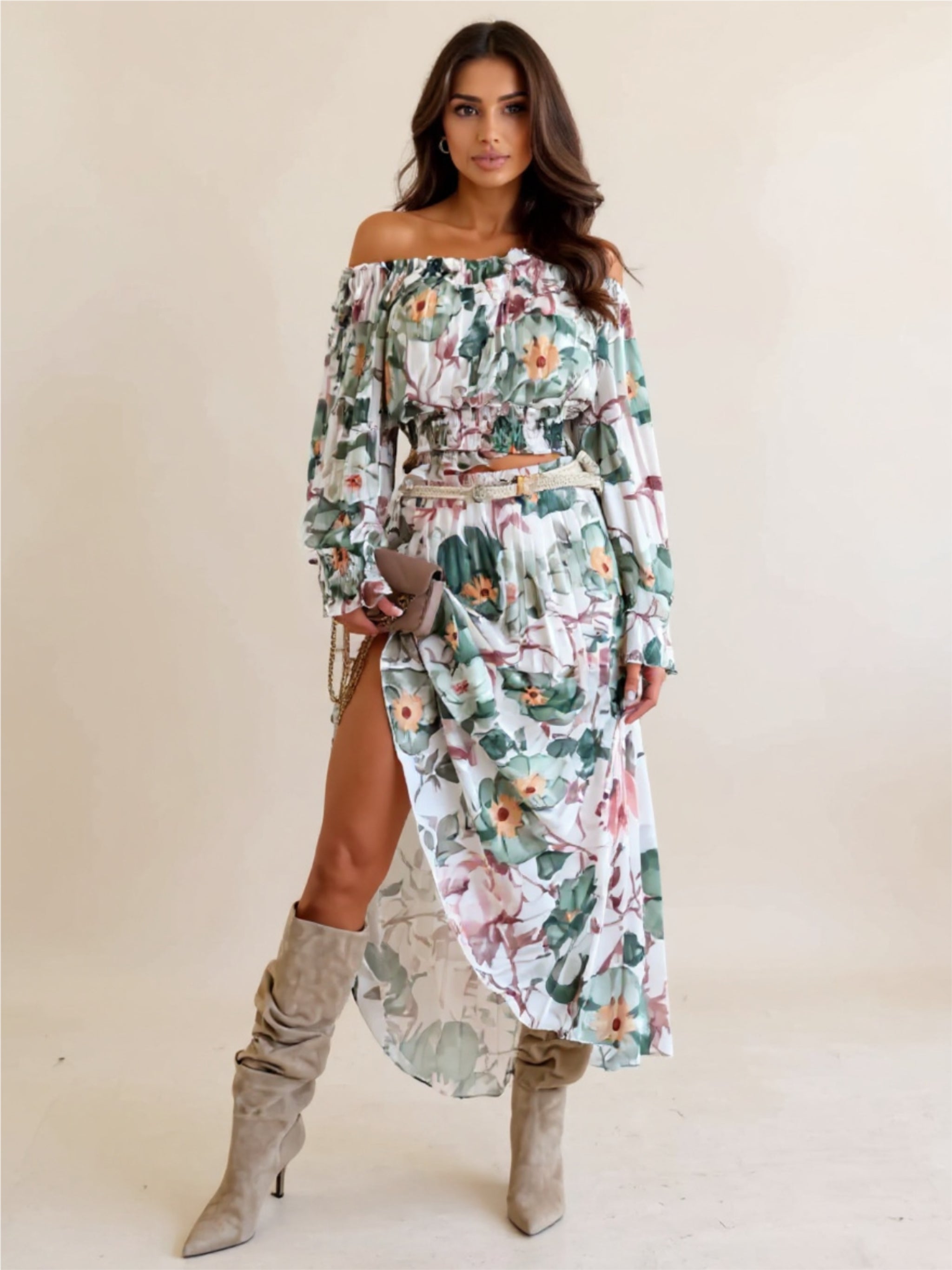Floral Off-Shoulder Top & Skirt Two-Piece Set