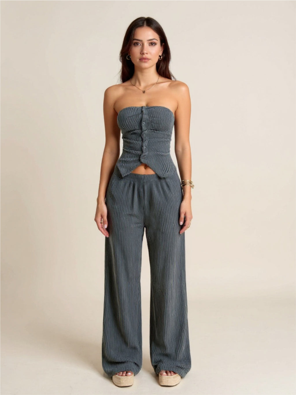 Ribbed Knit Strapless Crop Top & Pants Set