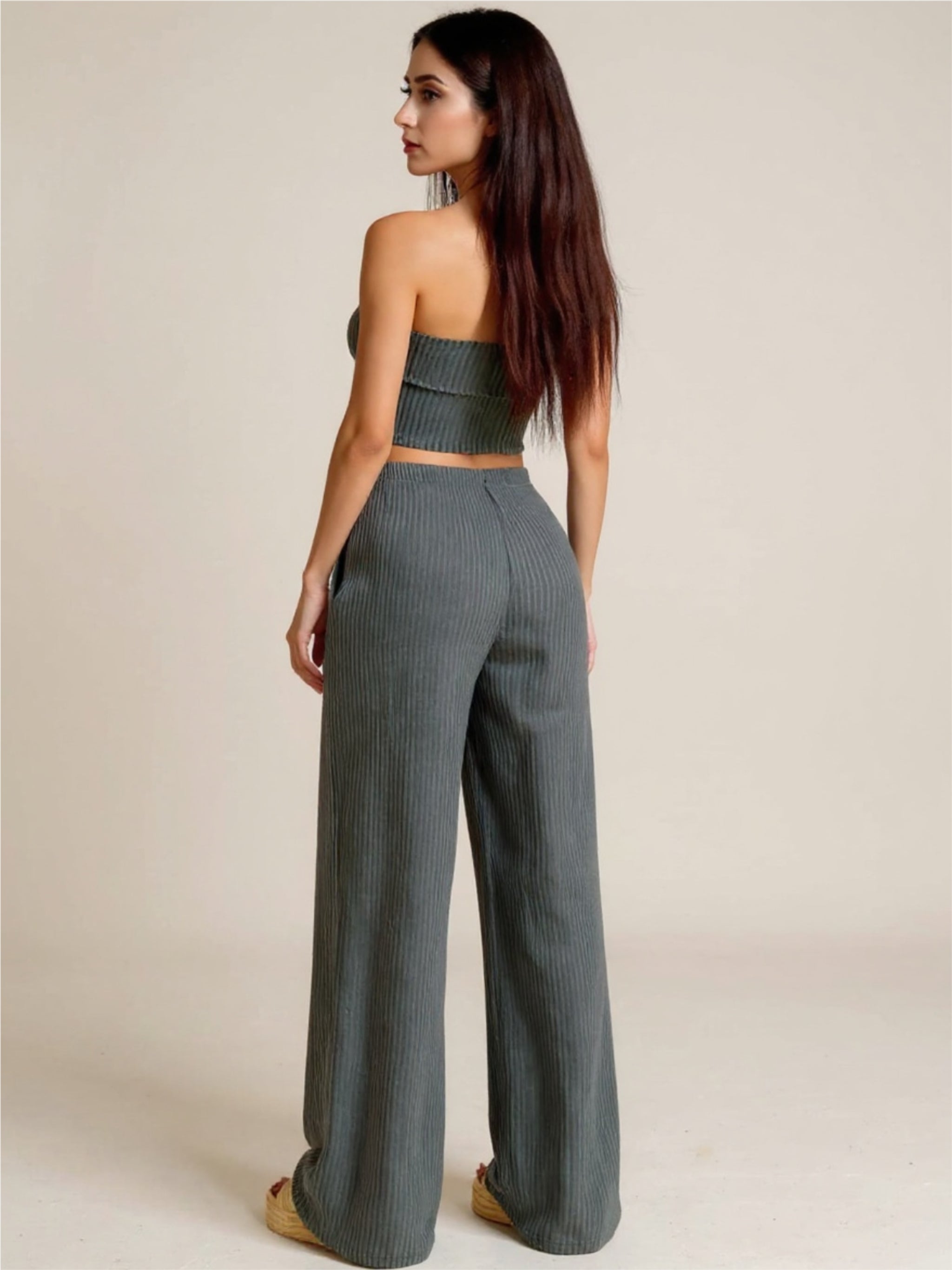 Ribbed Knit Strapless Crop Top & Pants Set