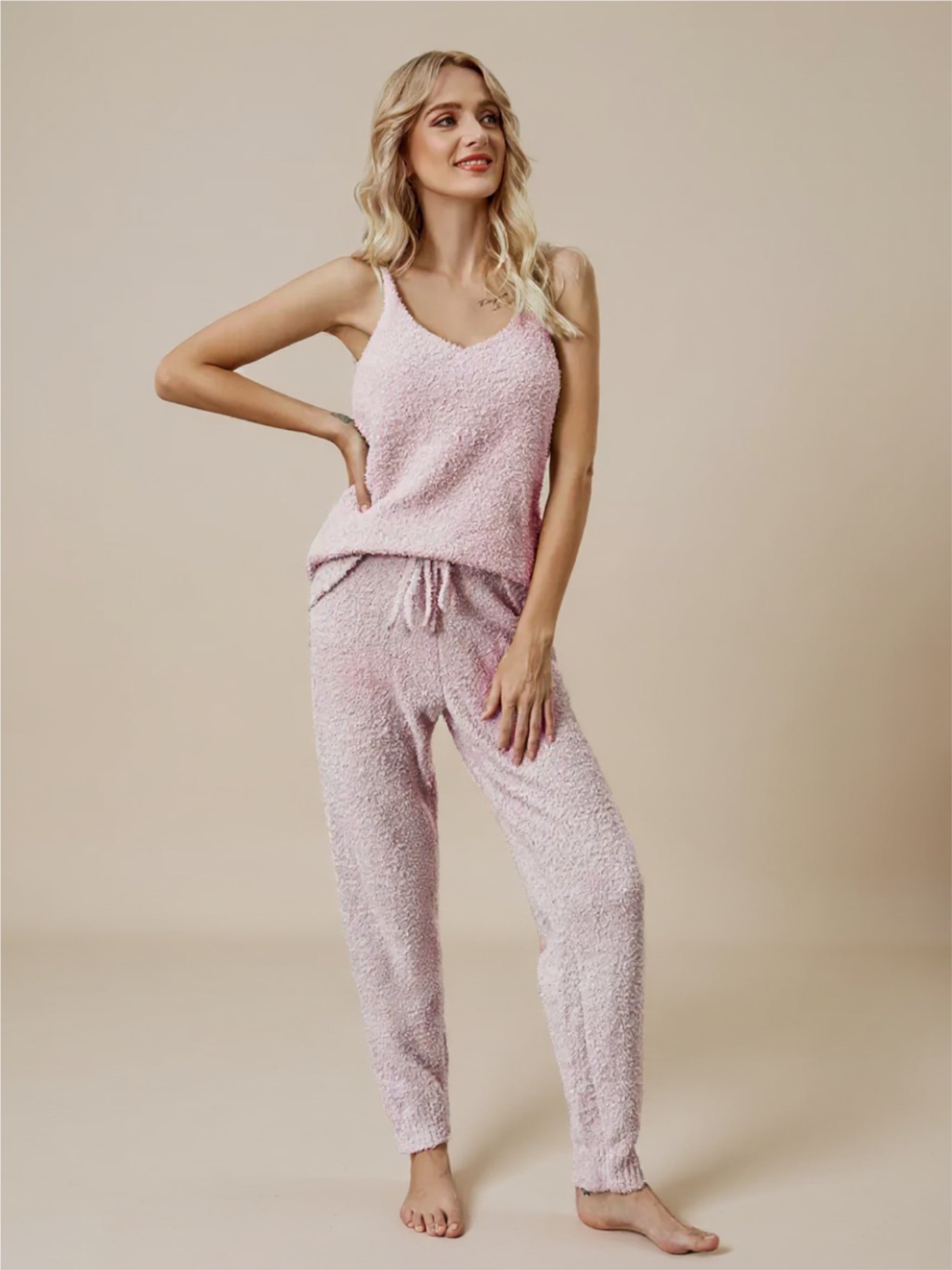 Fuzzy V-Neck Cami & Pants Lounge Set