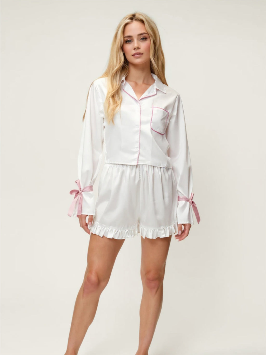 Tied Cuff Collared Neck Top & Frill Shorts Pajama Set