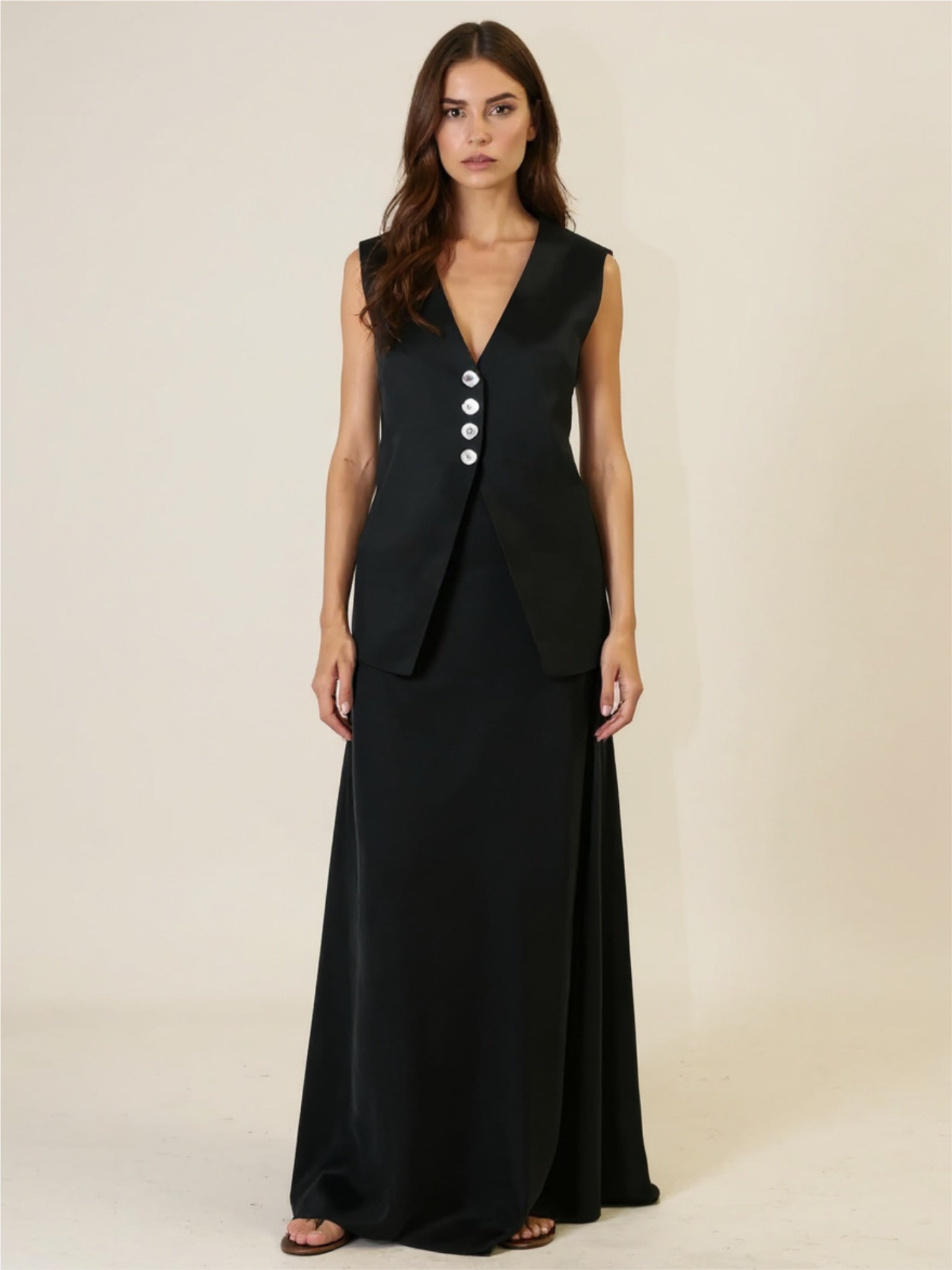 V-Neck Button Detail Vest & Skirt Two-Piece Set