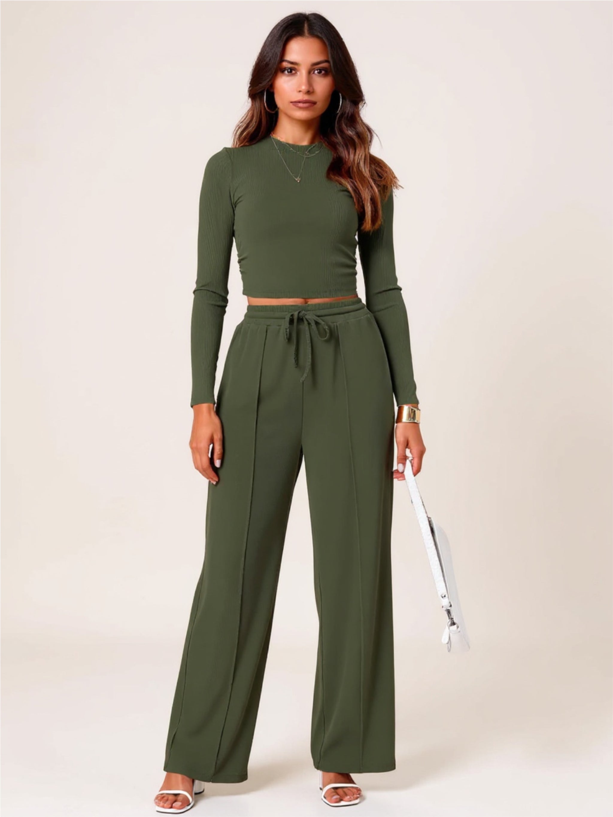 Green Round Neck Long Sleeve Top & Pants Set