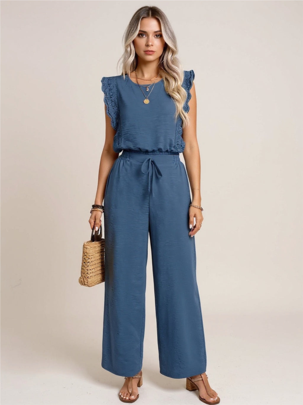 Lace Trim Round Neck Top & Pants Set