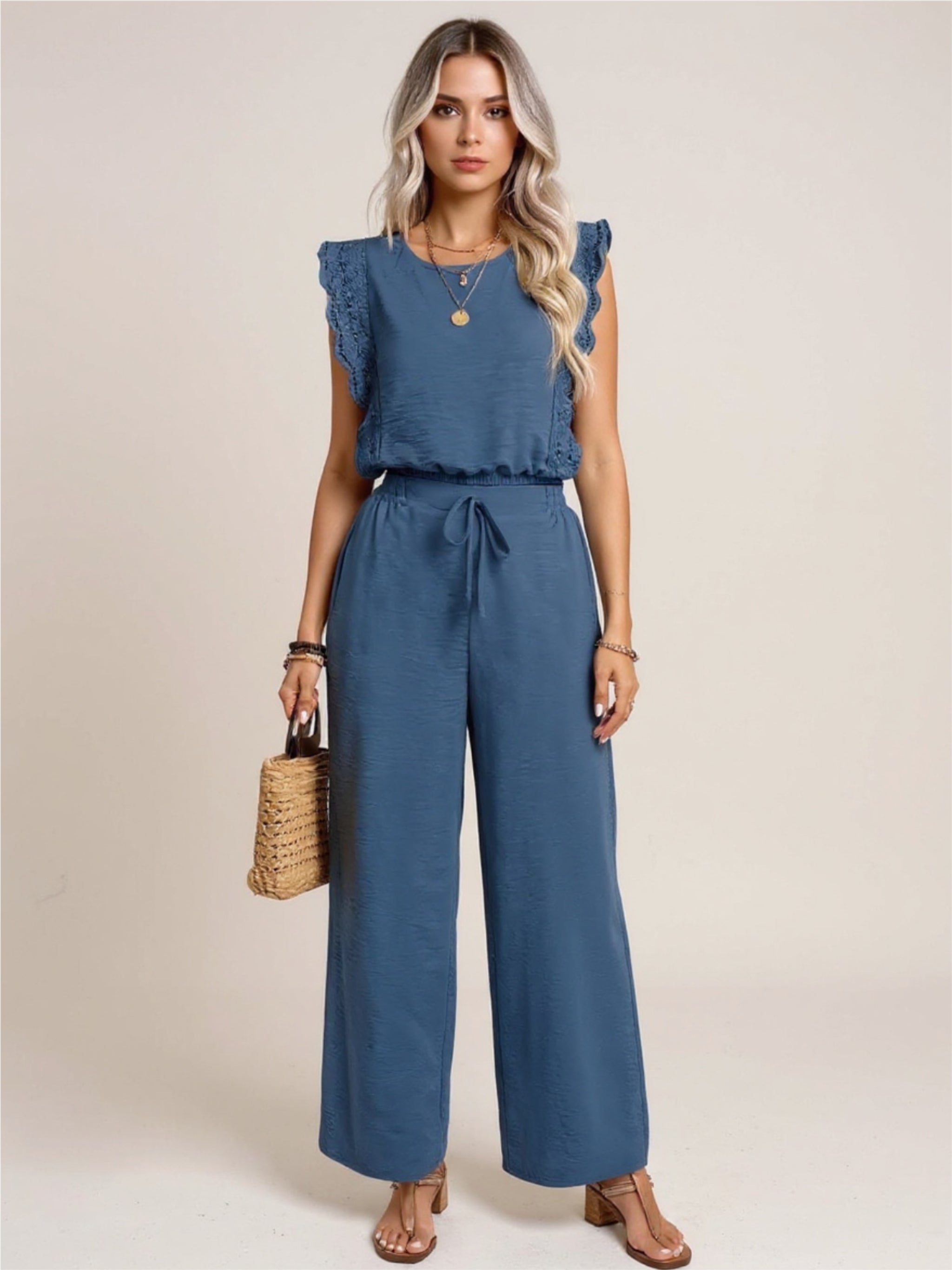 Lace Trim Round Neck Top & Pants Set