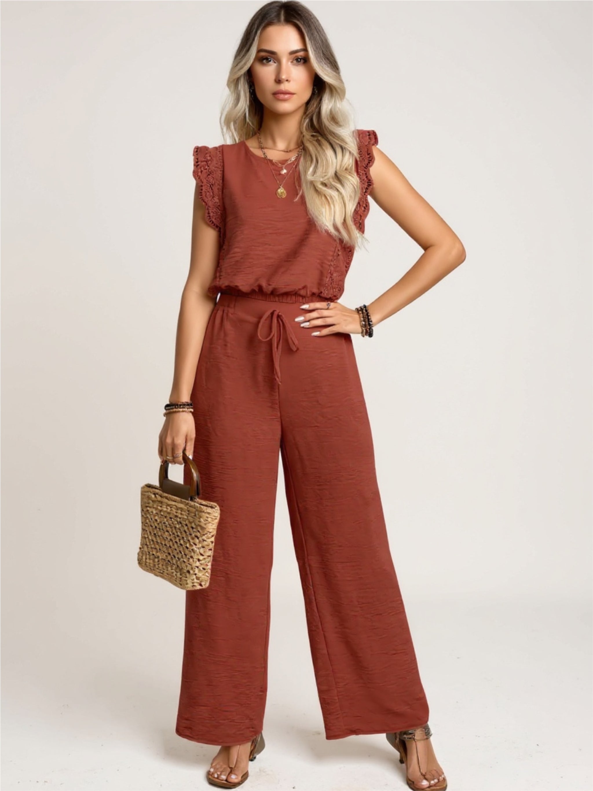 Lace Trim Round Neck Top & Pants Set