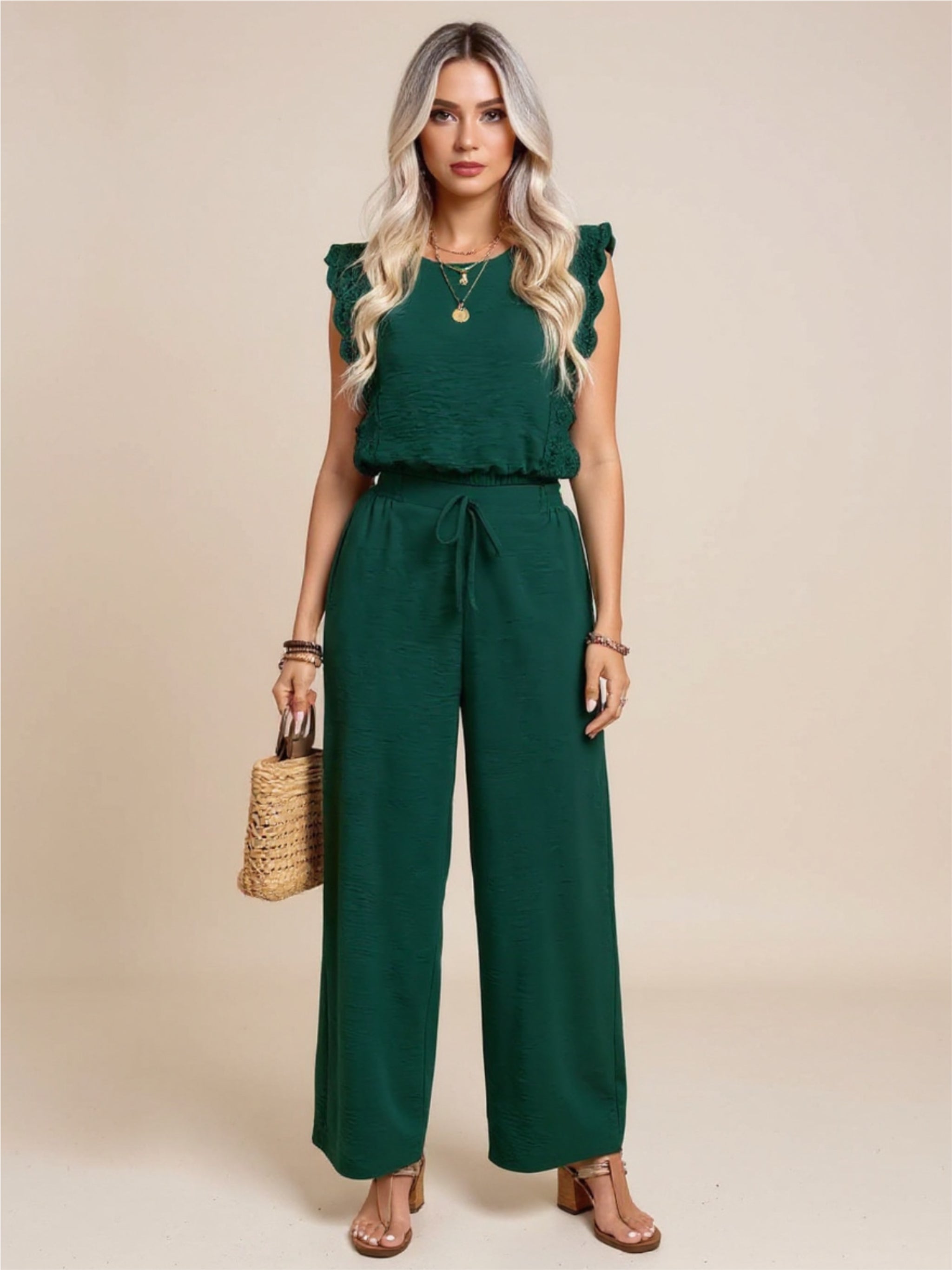 Lace Trim Round Neck Top & Pants Set