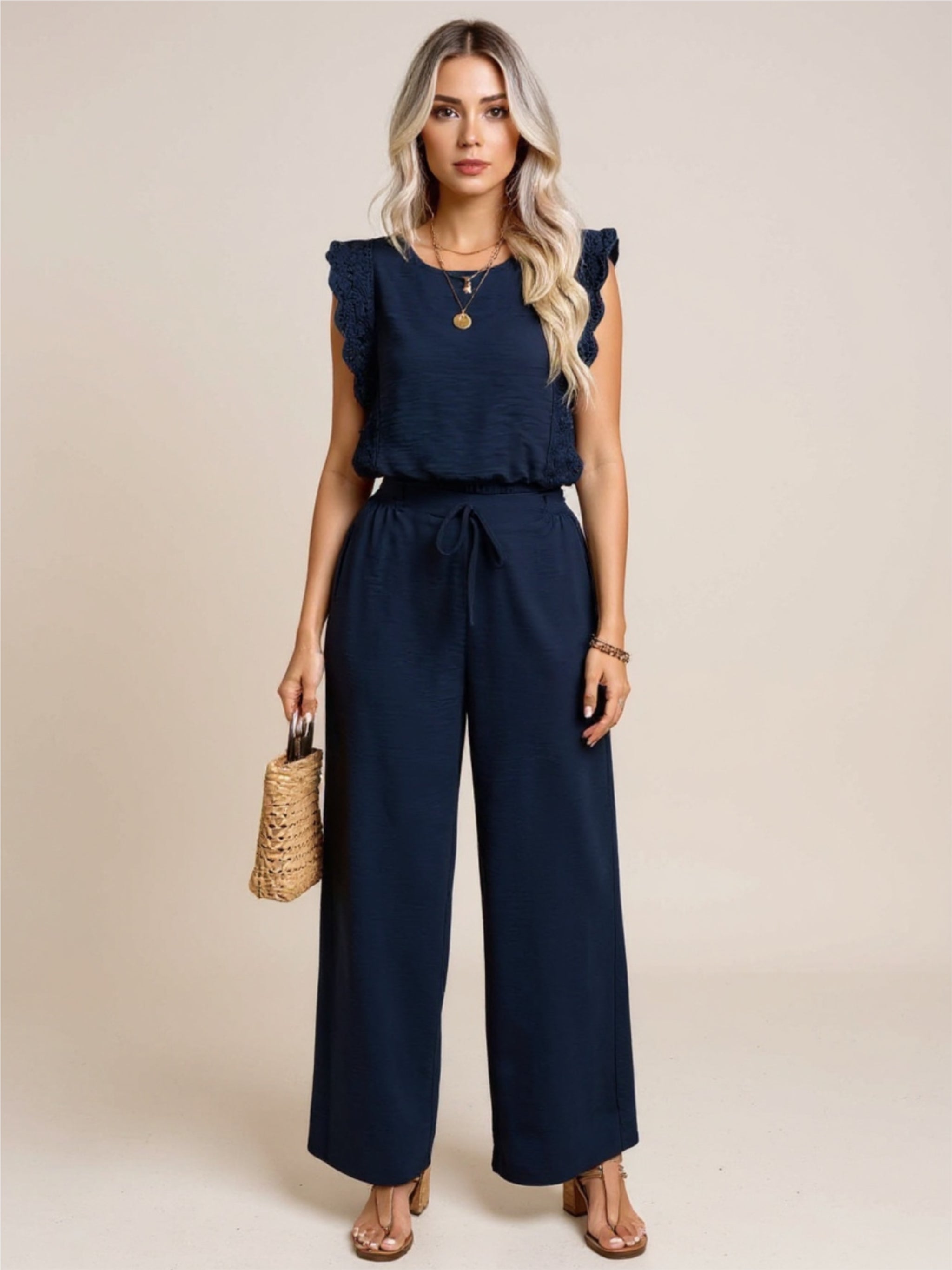 Lace Trim Round Neck Top & Pants Set