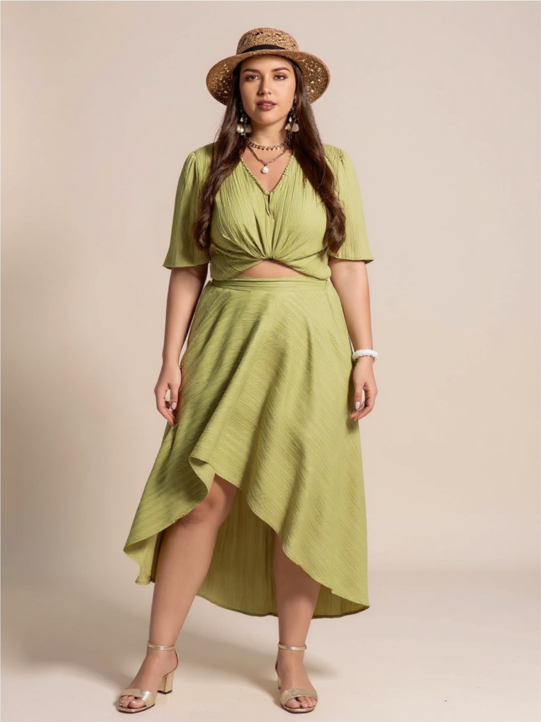V-Neck Half Sleeve Top & High-Low Skirt Set