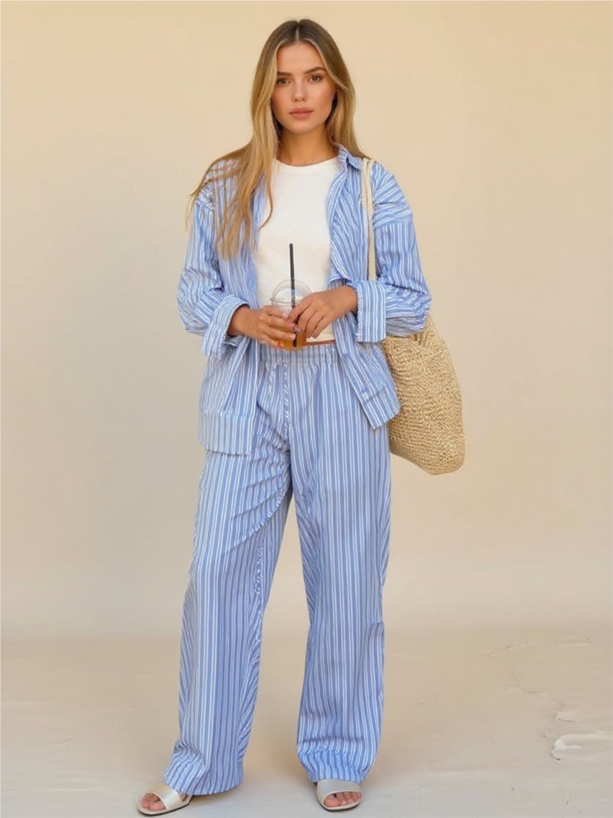 Striped Button Up Shirt & Pants Set