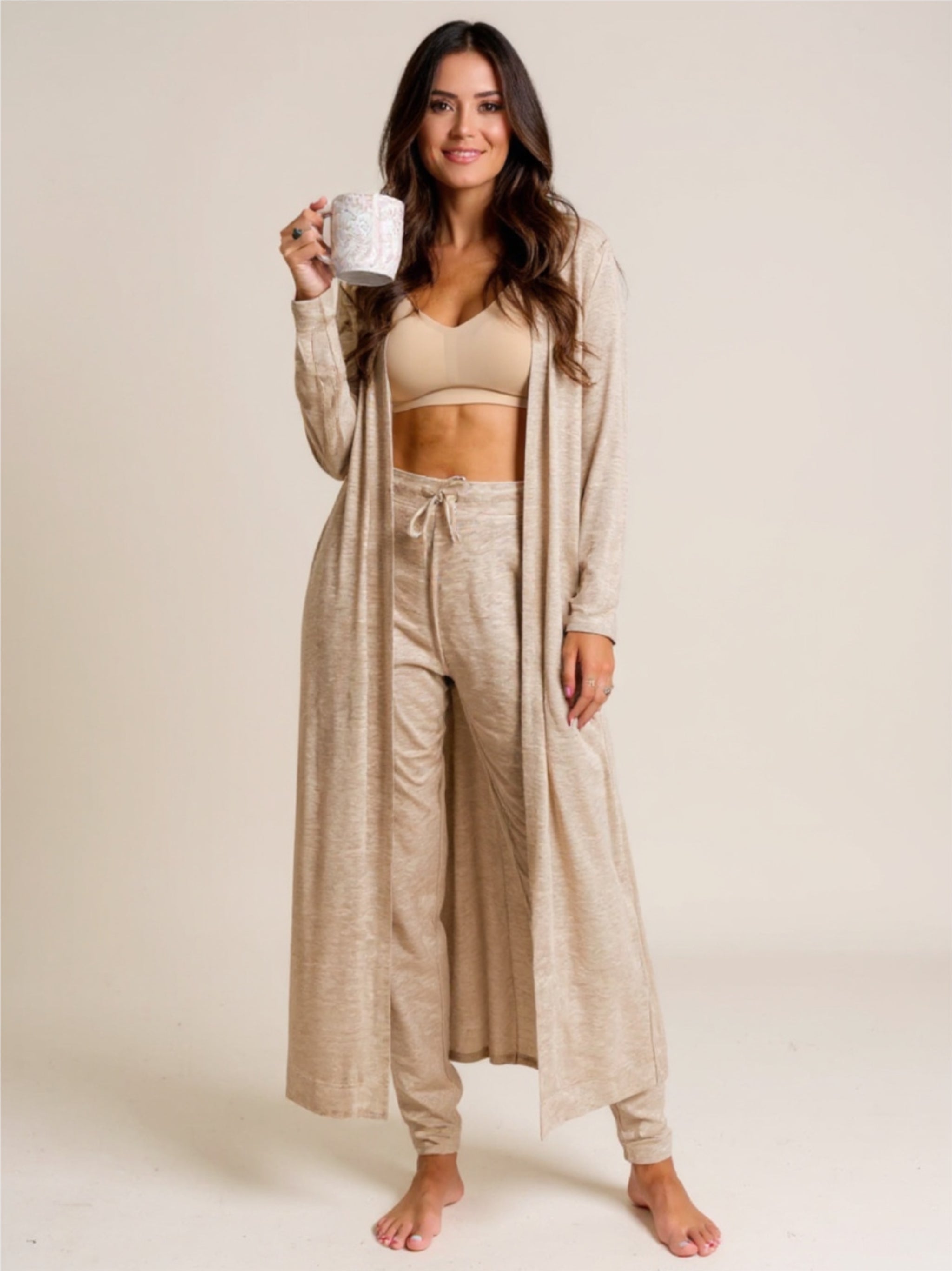 Open Front Long Sleeve Cardigan &  Pants Lounge Set