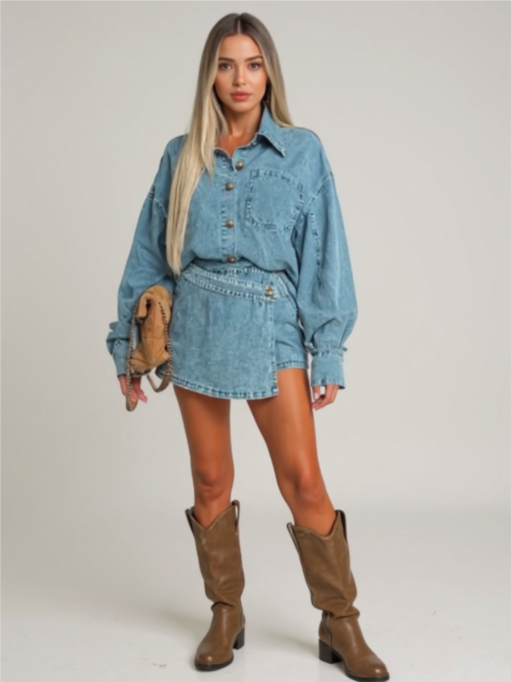 Button-Front Shirt & Mini Skirt Oversized Denim Set