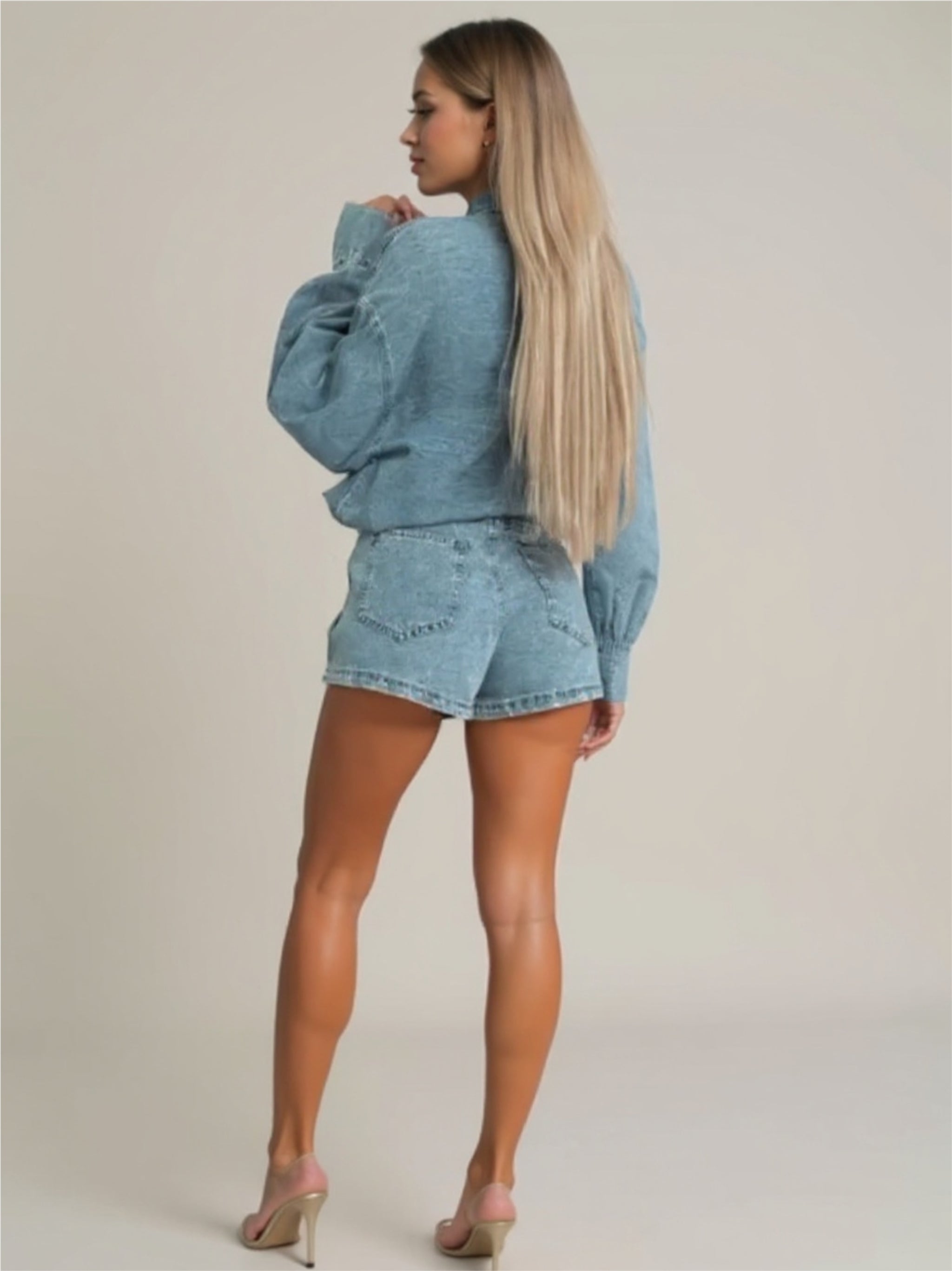 Button-Front Shirt & Mini Skirt Oversized Denim Set