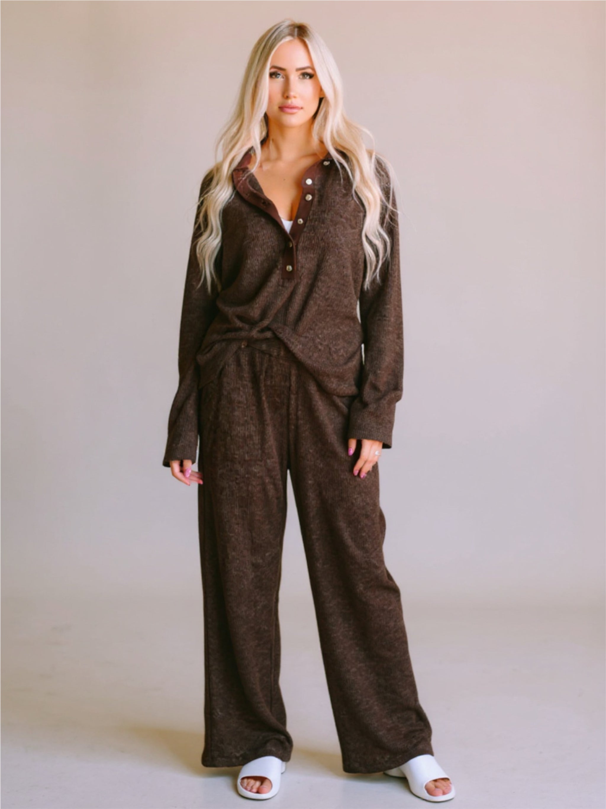 Buttoned Long Sleeve Top & Long Pants Lounge Set