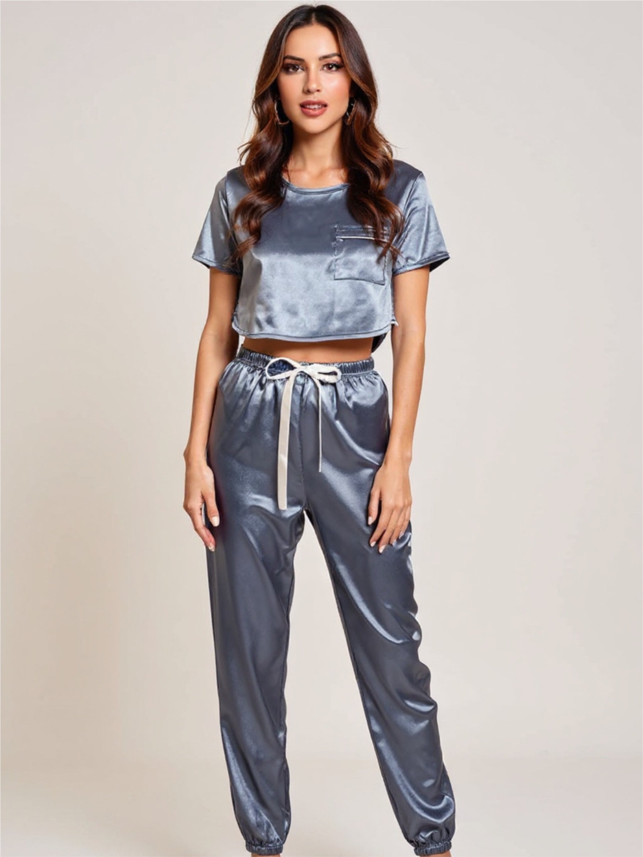 Satin Short Sleeve Crop Top & Joggers Pajama Set